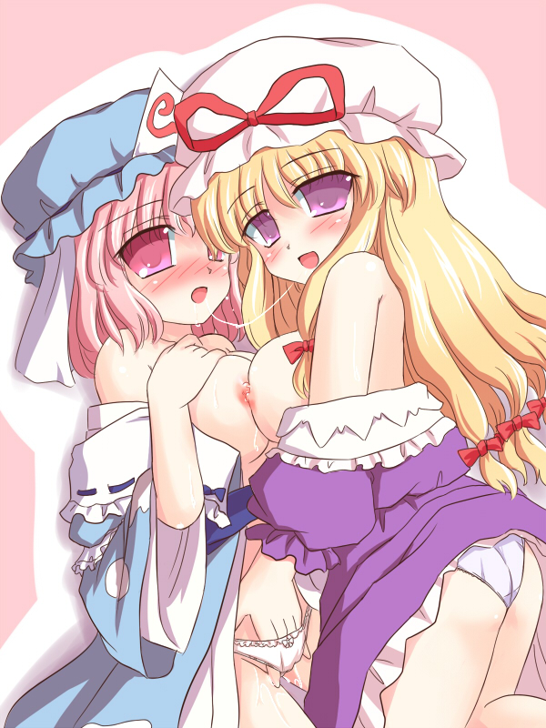 ry (yagoyago), saigyouji yuyuko, yakumo yukari, touhou, 2girls, bare shoulders, blonde hair, blush, breast press, breasts, female focus, fingering, hand in panties, hat, japanese clothes, kimono, large breasts, long hair, multiple girls, nipples, nipples touching, panties, pink eyes, pink hair, purple eyes, pussy juice, saliva, saliva trail, short hair, symmetrical docking, underwear, white panties, yuri