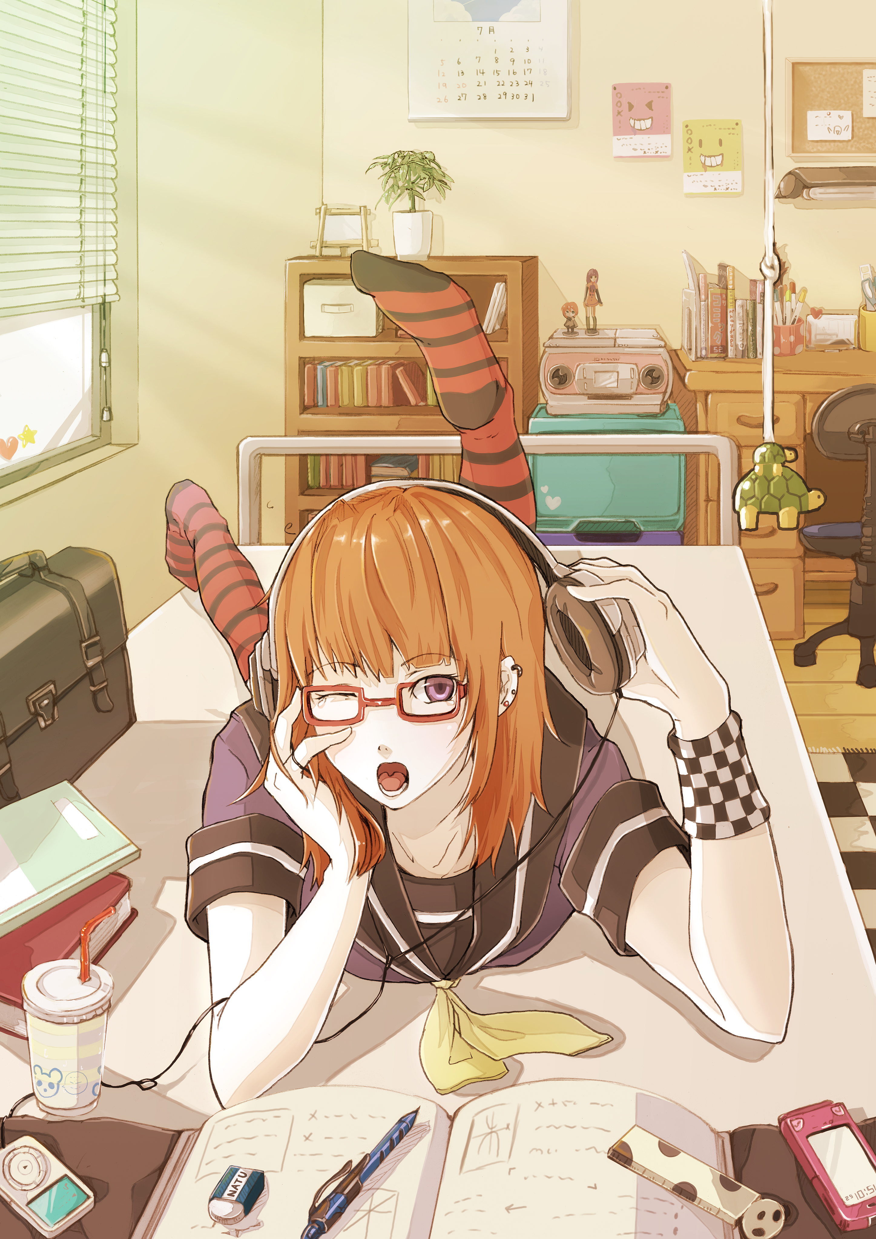 natuwaya, original, striped, absurdres, bad id, bad pixiv id, highres, 1girl, book, female focus, glasses, headphones, one eye closed, pen, purple eyes, red hair, school uniform, serafuku, solo, wink, yawning