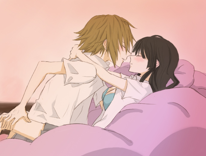 gogono pan'ya, akiyama mio, tainaka ritsu, k-on!, 00s, 2girls, alternate hairstyle, bed, blue bra, bra, breasts, cleavage, closed eyes, hair down, large breasts, lingerie, multiple girls, open clothes, open shirt, shirt, underwear, yuri