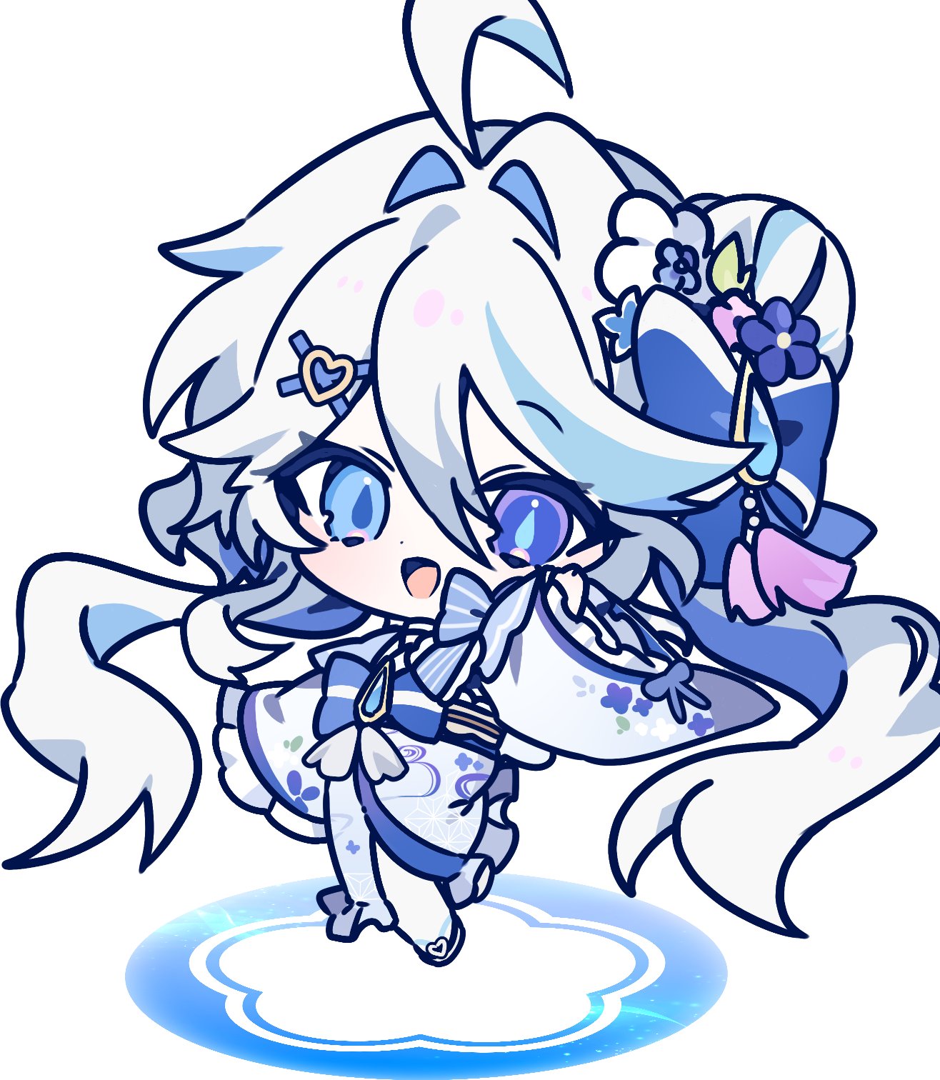 datsha, furina (genshin impact), genshin impact, commentary request, highres, korean commentary, 1girl, :d, ahoge, alternate costume, blue bow, blue eyes, bow, chibi, hair intakes, heterochromia, japanese clothes, kimono, long hair, looking at viewer, open mouth, simple background, smile, solo, very long hair, white background, white hair, white kimono