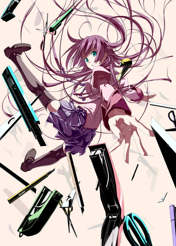 himura kiseki, senjougahara hitagi, bakemonogatari, monogatari (series), 00s, 1girl, aqua eyes, female focus, full body, high contrast, long hair, pen, purple hair, school uniform, scissors, set square, solo, stapler, stationery, thighhighs