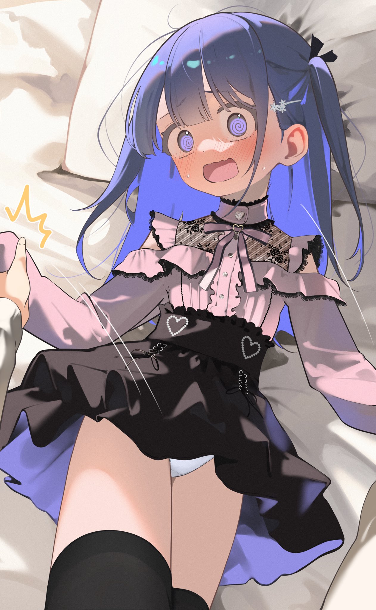 pei iriya, hayakawa sena (pei iriya), original, commentary, highres, symbol-only commentary, 1girl, @ @, black skirt, black thighhighs, blue hair, blush, jirai kei, lying, open mouth, panties, pantyshot, pink shirt, pov, pov hands, shirt, skirt, solo focus, thighhighs, underwear, upskirt, white panties