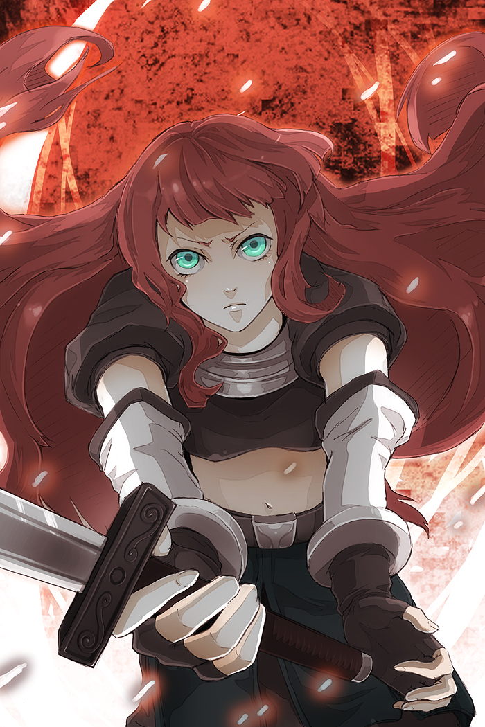 natuwaya, bad id, bad pixiv id, fingerless gloves, gloves, green eyes, long hair, midriff, navel, red hair, solo, sword, weapon