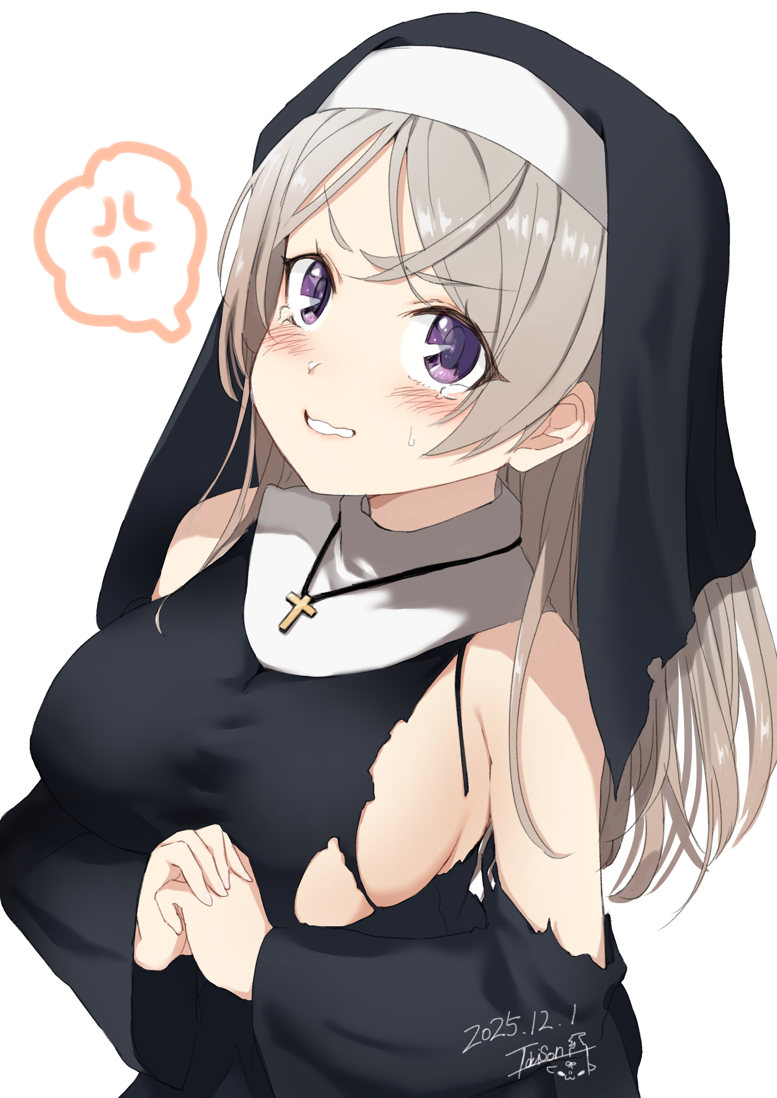 dyson (edaokunnsaikouya), conte di cavour (halloween) (kancolle), conte di cavour (kancolle), kantai collection, absurdres, commentary request, highres, 1girl, anger vein, armpit cutout, black dress, breasts, clothing cutout, cross, cross necklace, dress, grey hair, jewelry, large breasts, latin cross, long sleeves, necklace, nun, official alternate costume, purple eyes, speech bubble, spoken anger vein, torn clothes, torn dress