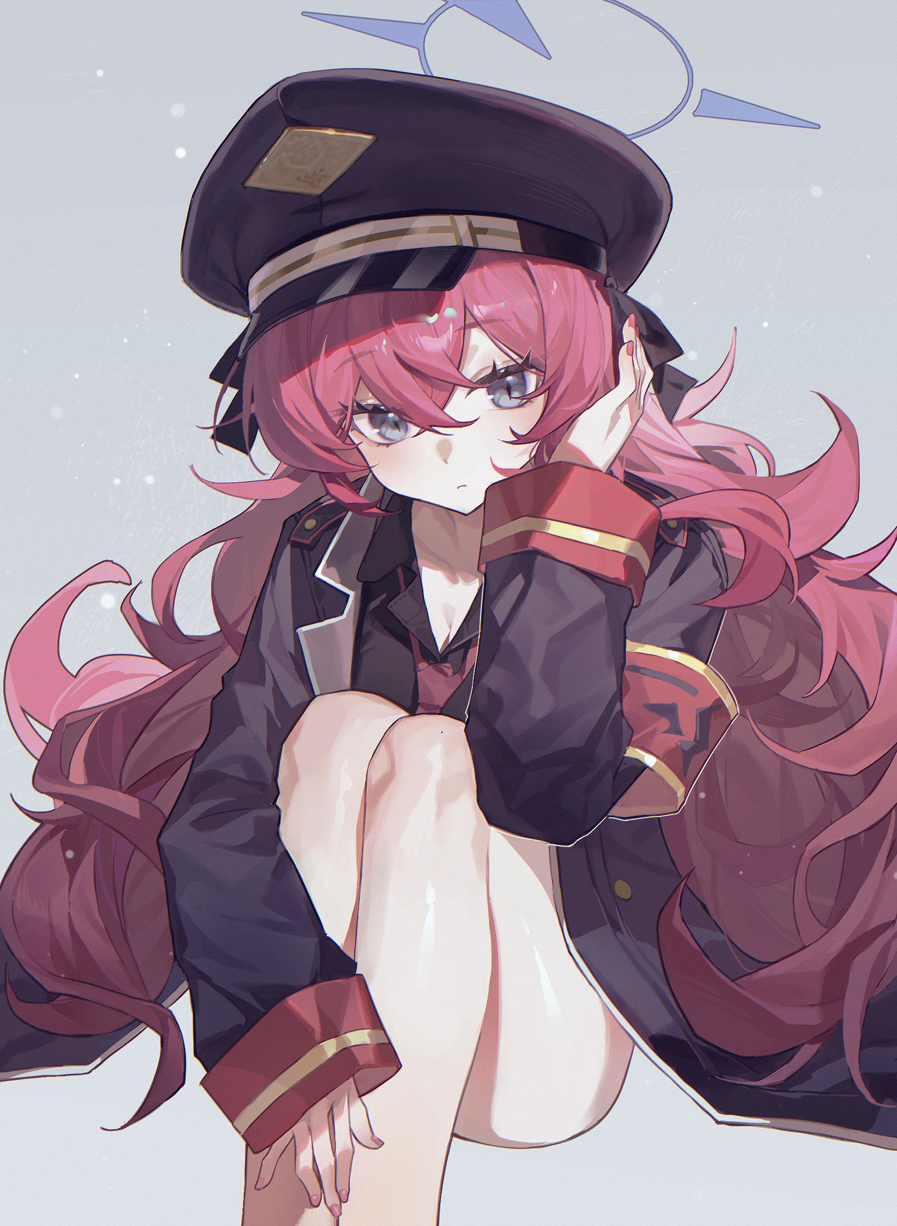 iroha (blue archive), blue archive, chinese commentary, commentary request, highres, 1girl, armband, black coat, black hat, black shirt, blue halo, blush, breasts, chromatic aberration, chuyu jiang yi dong ye budong, cleavage, closed mouth, coat, collarbone, collared shirt, convenient leg, crossed bangs, double-parted bangs, feet out of frame, fingernails, grey background, grey eyes, hair between eyes, halo, hand on own leg, hand up, hat, invisible chair, knees up, legs together, long hair, long sleeves, looking at viewer, messy hair, military hat, nail polish, necktie, open clothes, open coat, peaked cap, red armband, red hair, red nails, red necktie, shirt, sitting, slit pupils, solo, very long hair