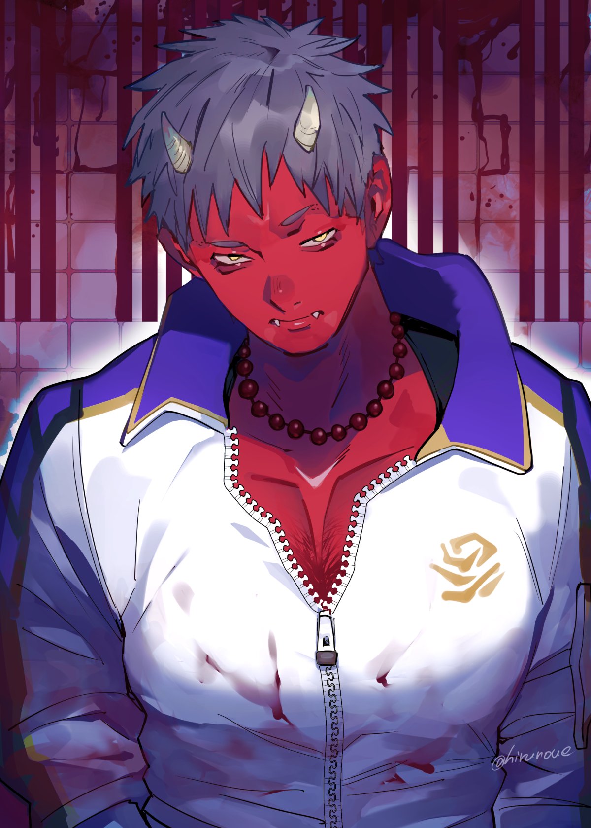 soyaka, original, commentary request, highres, 1girl, bead necklace, beads, black hair, blood, blood on breasts, blood on clothes, blood on wall, breasts, cleavage, colored skin, fangs, horns, jacket, jewelry, large breasts, necklace, oni, partially unzipped, red skin, short hair, solo, white jacket, yellow eyes