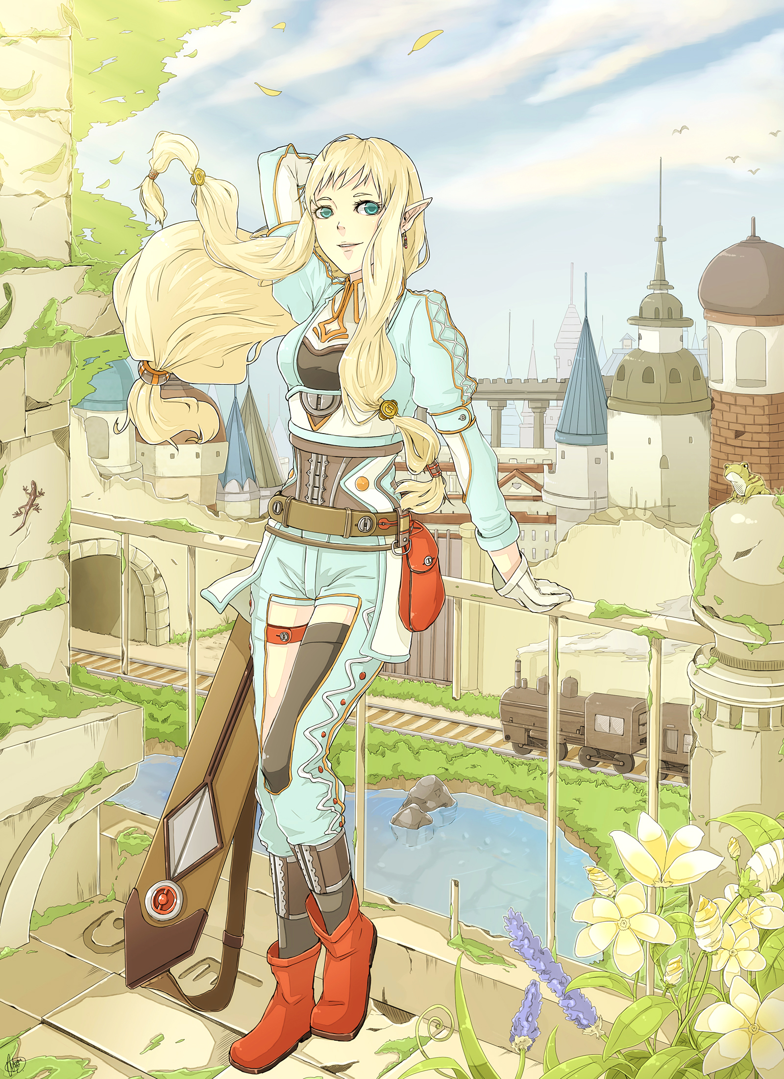 natuwaya, original, bad id, bad pixiv id, highres, blonde hair, blue eyes, fantasy, flower, gloves, leaf, locomotive, long hair, low-tied long hair, pointy ears, solo, steam locomotive, train, wind