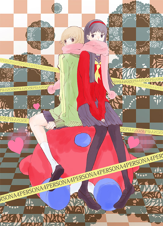 kobo, amagi yukiko, kuma (persona 4), satonaka chie, atlus, persona, persona 4, bad id, bad pixiv id, 2girls, multiple girls, pantyhose, scarf, school uniform