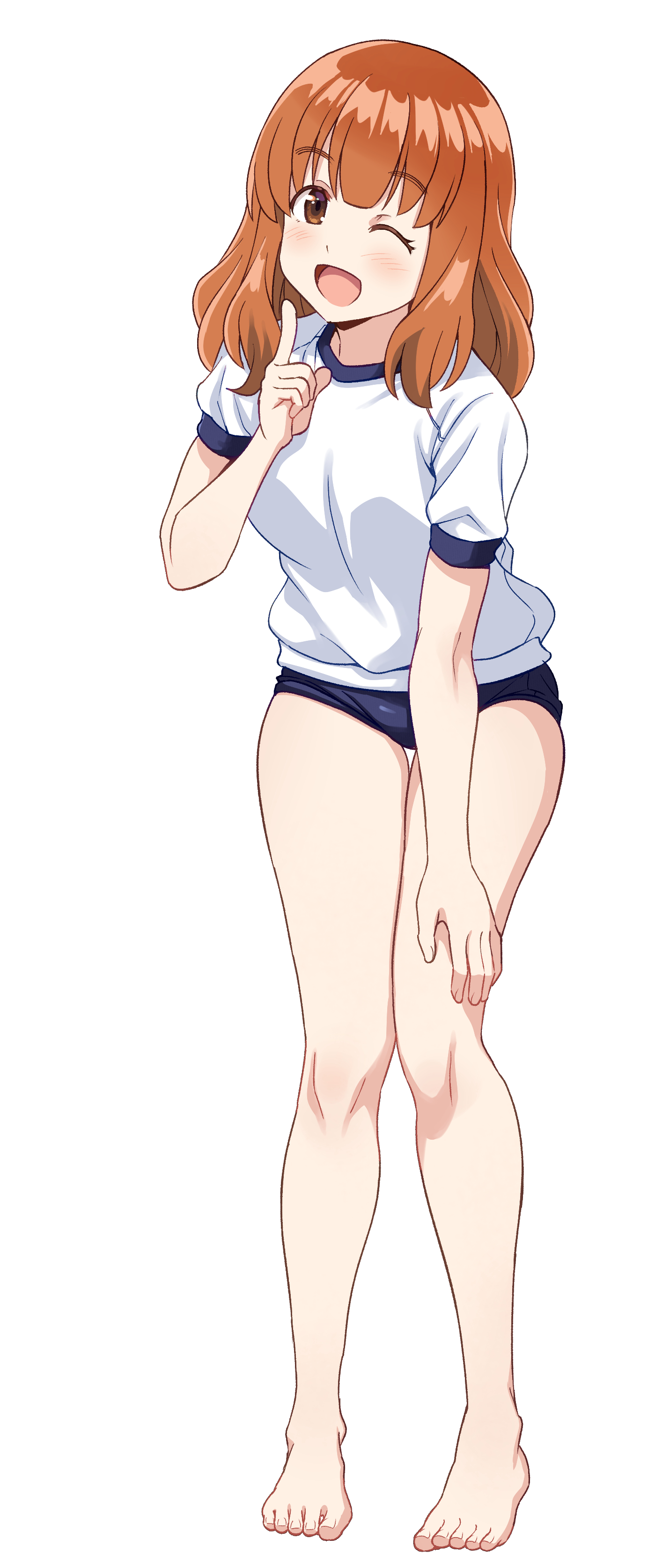 ponzu rui, takebe saori, girls und panzer, absurdres, commentary request, highres, 1girl, ;d, barefoot, blue buruma, brown eyes, brown hair, buruma, full body, gym shirt, hand on own knee, knees, legs, long hair, looking at viewer, one eye closed, open mouth, shirt, short sleeves, simple background, smile, solo, standing, teeth, thighs, toes, tongue, upper teeth only, white background, white shirt