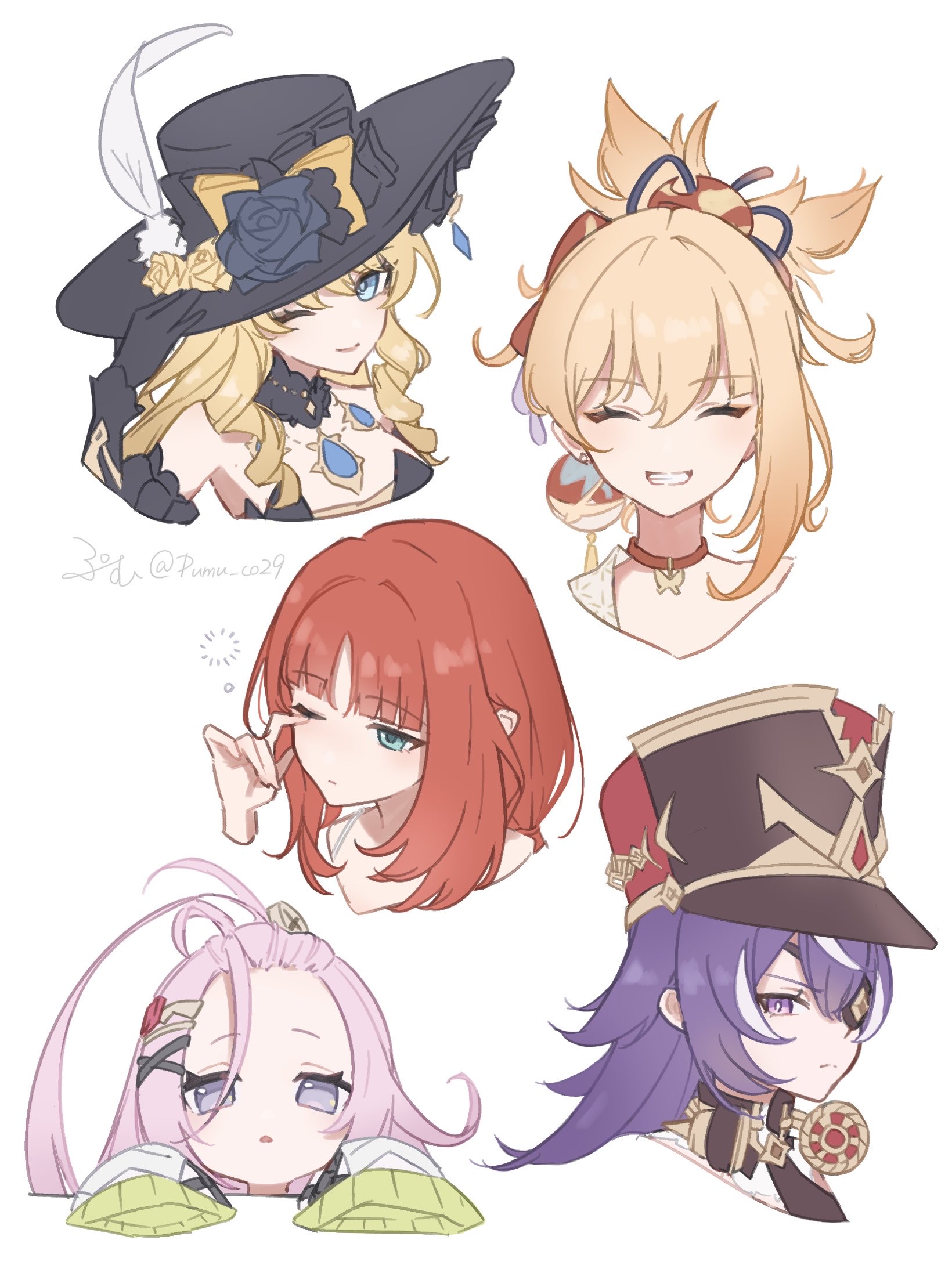 pumu (pumu co29), aino (genshin impact), chevreuse (genshin impact), navia (genshin impact), nilou (genshin impact), yoimiya (genshin impact), genshin impact, commentary request, highres, 5girls, ahoge, aqua eyes, black hat, blonde hair, blue eyes, choker, closed eyes, cropped shoulders, detached collar, drill hair, drill sidelocks, earmuffs, earmuffs around neck, eyepatch, flower, hair between eyes, hair ornament, hat, jewelry, looking at viewer, multicolored hair, multiple girls, one eye closed, pink hair, ponytail, purple eyes, purple hair, red choker, red hair, rubbing eyes, shako cap, sidelocks, sleepy, sleeves past fingers, sleeves past wrists, smile, streaked hair, teeth
