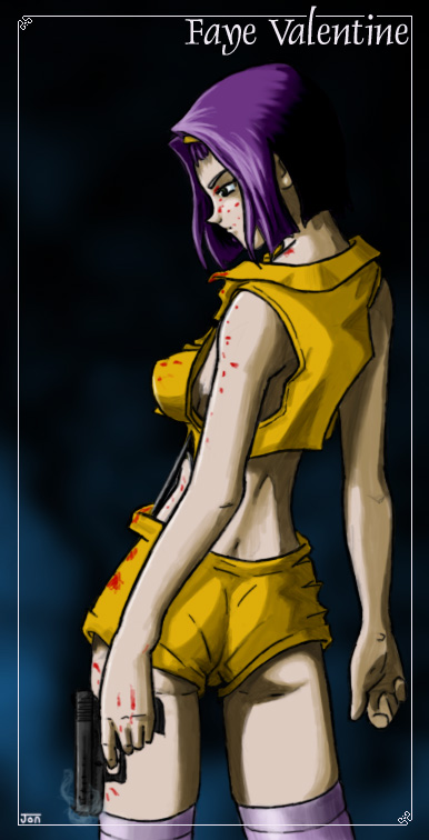 faye valentine, cowboy bebop, 1990s (style), 1girl, ass, blood, breasts, female focus, gun, medium breasts, midriff, purple hair, retro artstyle, short hair, shorts, sideboob, smoke, solo, thighhighs, weapon
