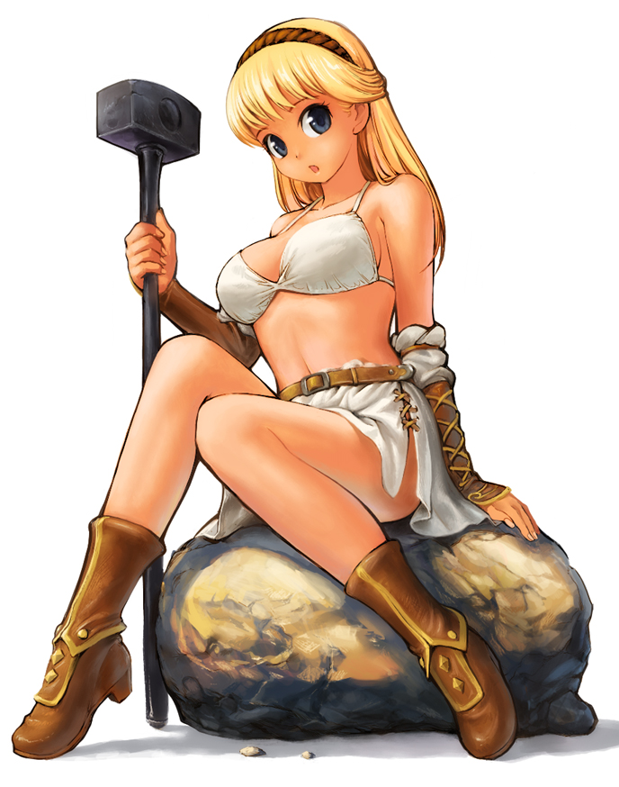 poripori (pixiv), original, bad id, bad pixiv id, 1girl, bikini, bikini top only, blonde hair, blue eyes, boots, female focus, hairband, hammer, long hair, rock, sitting, solo, swimsuit, white bikini