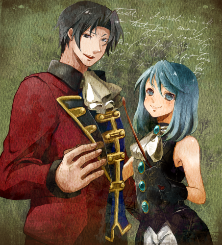 konako, franziska von karma, miles edgeworth, ace attorney, ace attorney investigations, ace attorney investigations: miles edgeworth, capcom, bad id, bad pixiv id, lowres, 1boy, 1girl, aged down, ascot, blue hair, faux traditional media, formal clothes, grey hair, mole, mole under eye, riding crop, suit