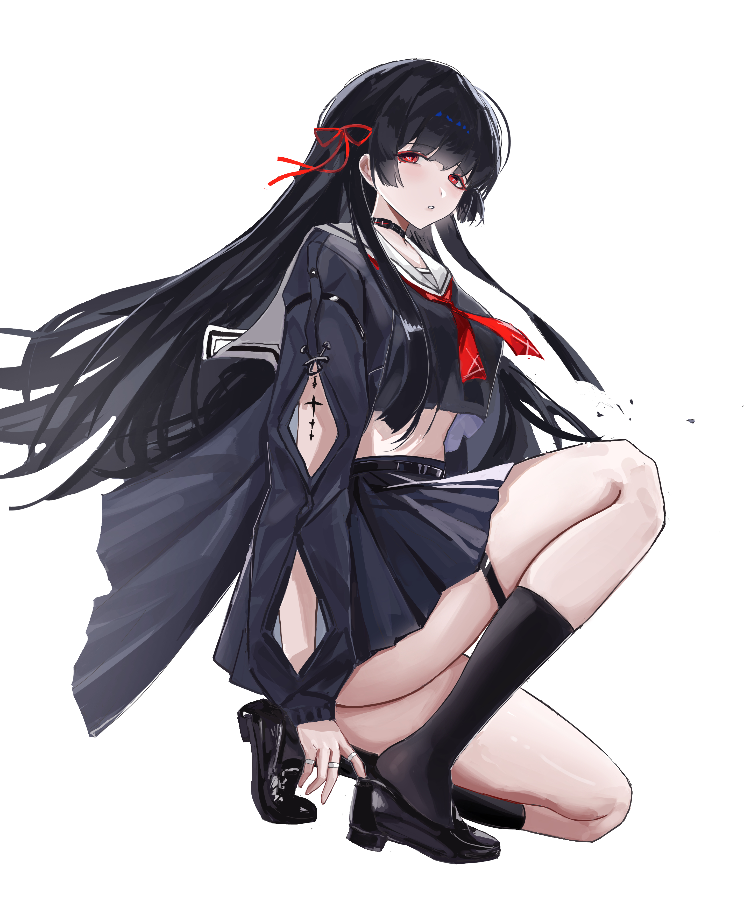 yuanqi (chriu), chisa (wuthering waves), wuthering waves, absurdres, commentary, highres, 1girl, adjusting clothes, adjusting shoe, arm cutout, black choker, black hair, black shirt, black shoes, black skirt, black socks, blush, choker, clothing cutout, crop top, hair ribbon, long hair, long sleeves, looking at viewer, mole, mole under eye, neckerchief, parted lips, red eyes, red neckerchief, red ribbon, ribbon, sailor collar, shirt, shoes, skirt, socks, solo, tacet mark (wuthering waves), thigh strap, thighs, white sailor collar