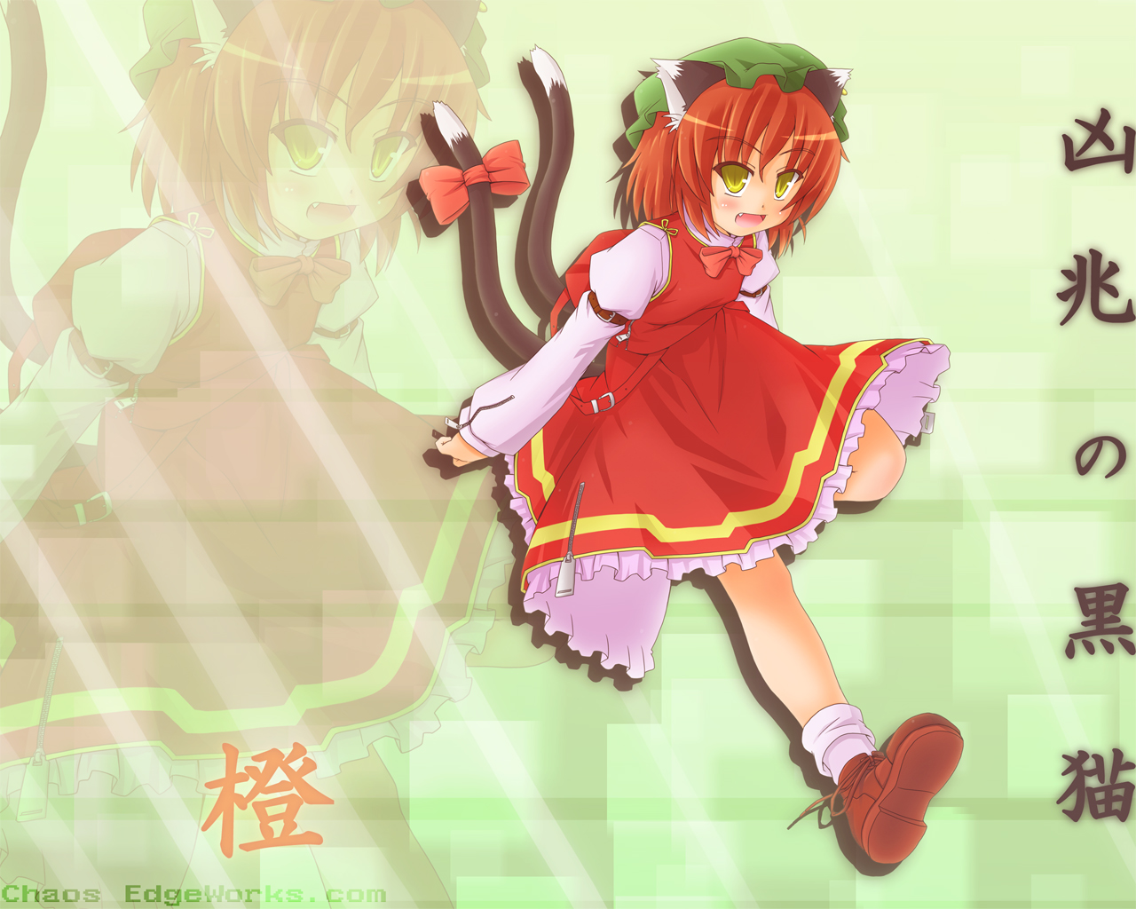 etogami kazuya, chen, touhou, 1girl, animal ears, brown hair, cat ears, cat girl, cat tail, dress, earrings, fang, female focus, hat, jewelry, multiple tails, short hair, solo, tail, yellow eyes