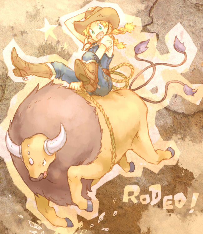 yapo (mess), yapo (pixiv), cowgirl (pokemon), tauros, nintendo, pokemon, 1girl, blonde hair, boots, cowboy boots, cowboy hat, cowboy western, cowgirl (western), gen 1 pokemon, green eyes, hat, npc trainer, overalls, pokemon (creature), rope, spurs, twintails