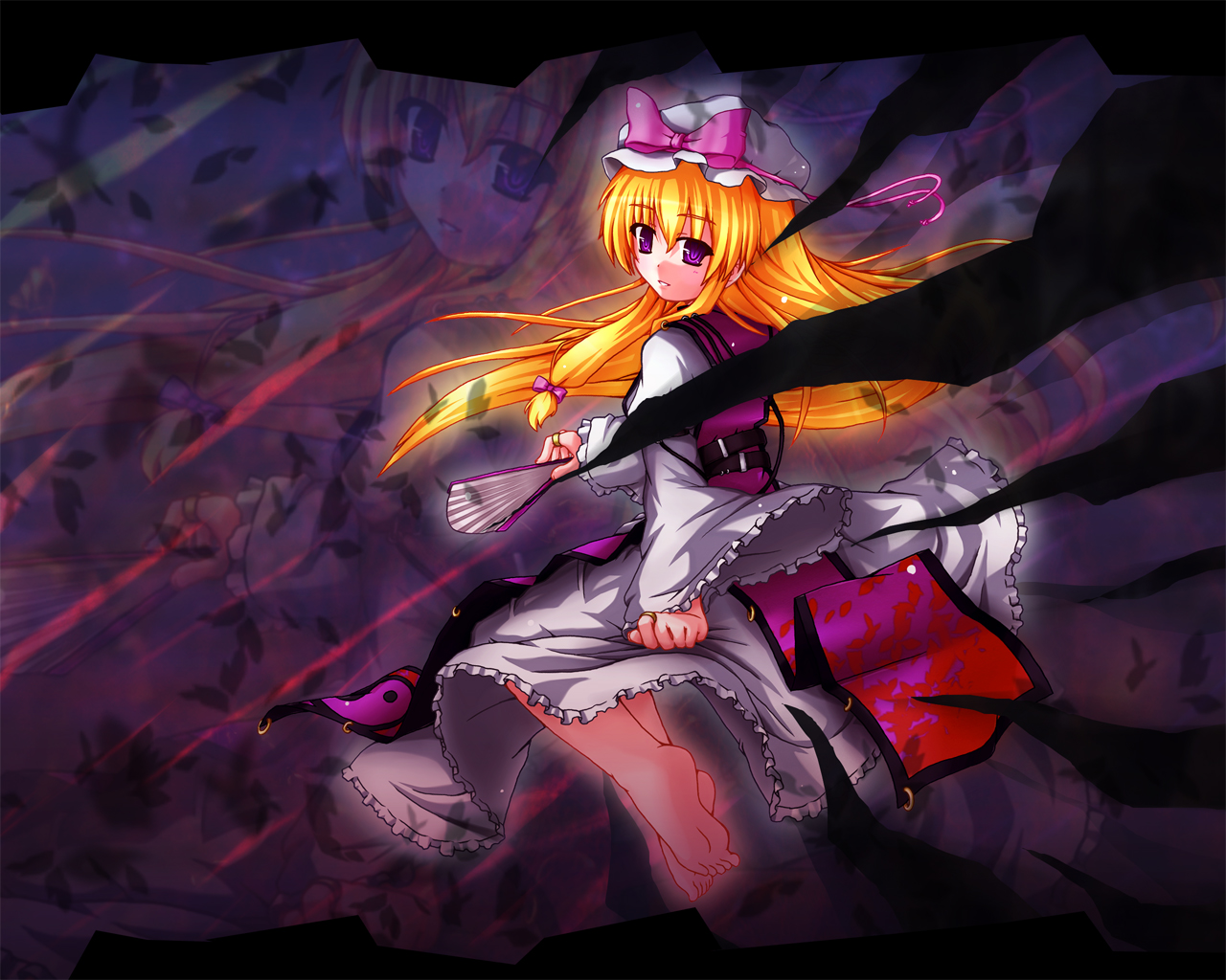 etogami kazuya, yakumo yukari, touhou, 1girl, bad anatomy, bad feet, barefoot, blonde hair, feet, female focus, hand fan, hat, long hair, poorly drawn, purple eyes, solo