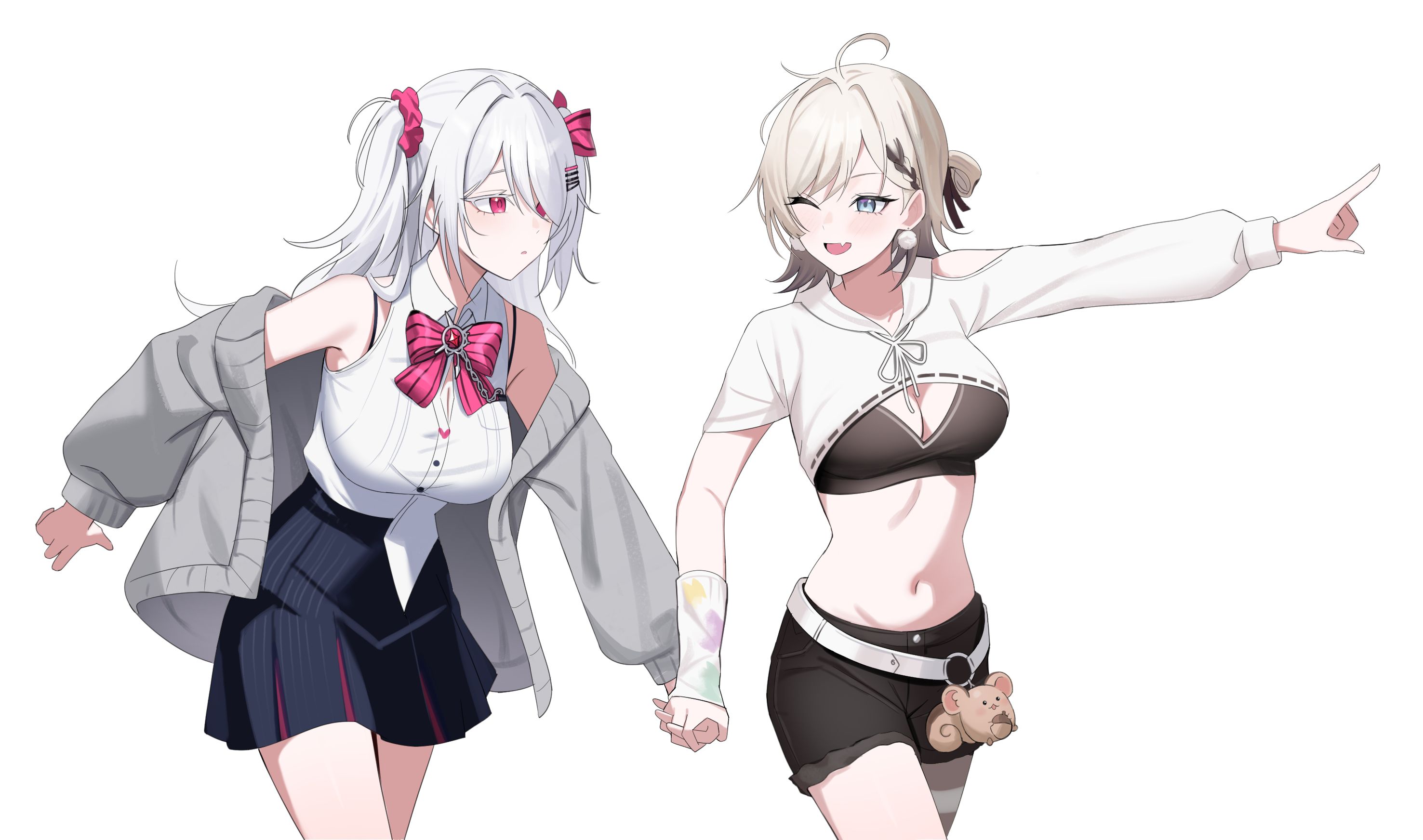 ysoa26, original, commission, highres, second-party source, 2girls, ahoge, bare shoulders, belt, black shirt, black shorts, black skirt, blue eyes, bow, bowtie, breasts, cleavage, closed mouth, collared shirt, crop top, fang, grey jacket, hair ornament, hair scrunchie, holding hands, jacket, large breasts, long sleeves, looking at another, loose belt, midriff, multiple girls, navel, off shoulder, one eye closed, open clothes, open jacket, open mouth, pointing, red eyes, riche leilani, scrunchie, shirt, short shorts, shorts, skirt, sleeveless, sleeveless shirt, smile, stomach, two side up, white hair, white shirt