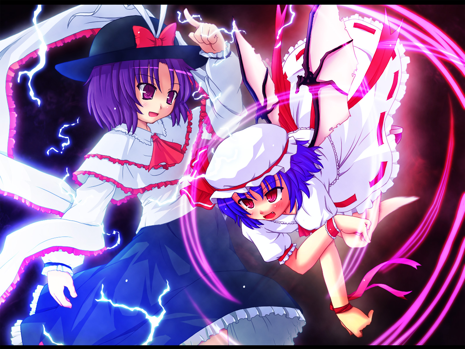 etogami kazuya, nagae iku, remilia scarlet, touhou, highres, 2girls, :d, barefoot, blush, cowboy shot, female focus, hat, long sleeves, looking at viewer, mob cap, multiple girls, open mouth, red eyes, shaded face, smile, standing, tareme, wrist cuffs