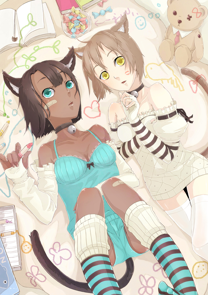 natuwaya, original, striped, 2girls, animal ears, bandages, bell, blue eyes, brown hair, candy, choker, crayon, dark-skinned female, dark skin, fingerless gloves, food, gloves, multiple girls, stuffed animal, stuffed toy, tail, teddy bear, thighhighs, yellow eyes
