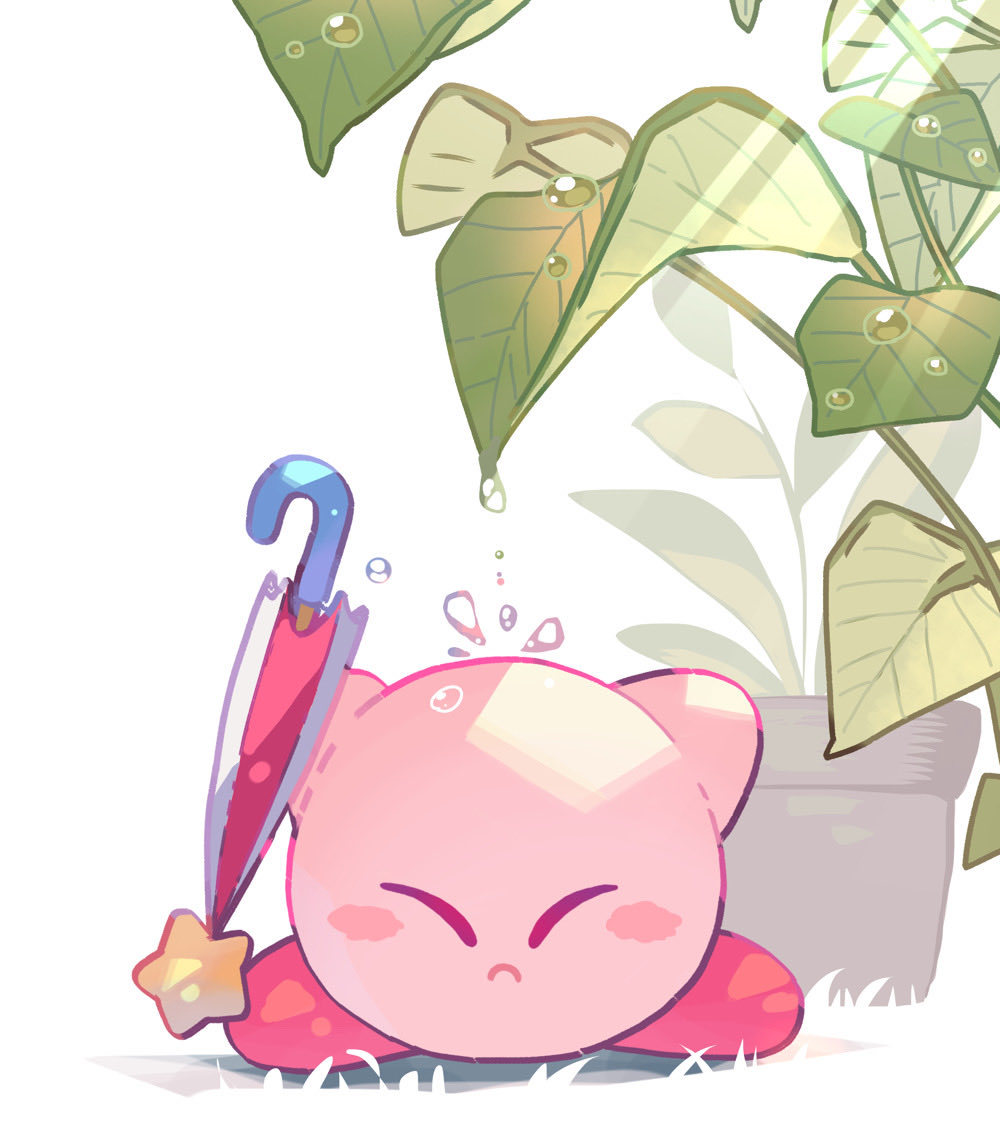 hoshikuzu pan, kirby, kirby (series), nintendo, blush stickers, closed eyes, closed mouth, full body, grass, holding, holding umbrella, leaf, no humans, simple background, solo, star (symbol), umbrella, water drop, white background