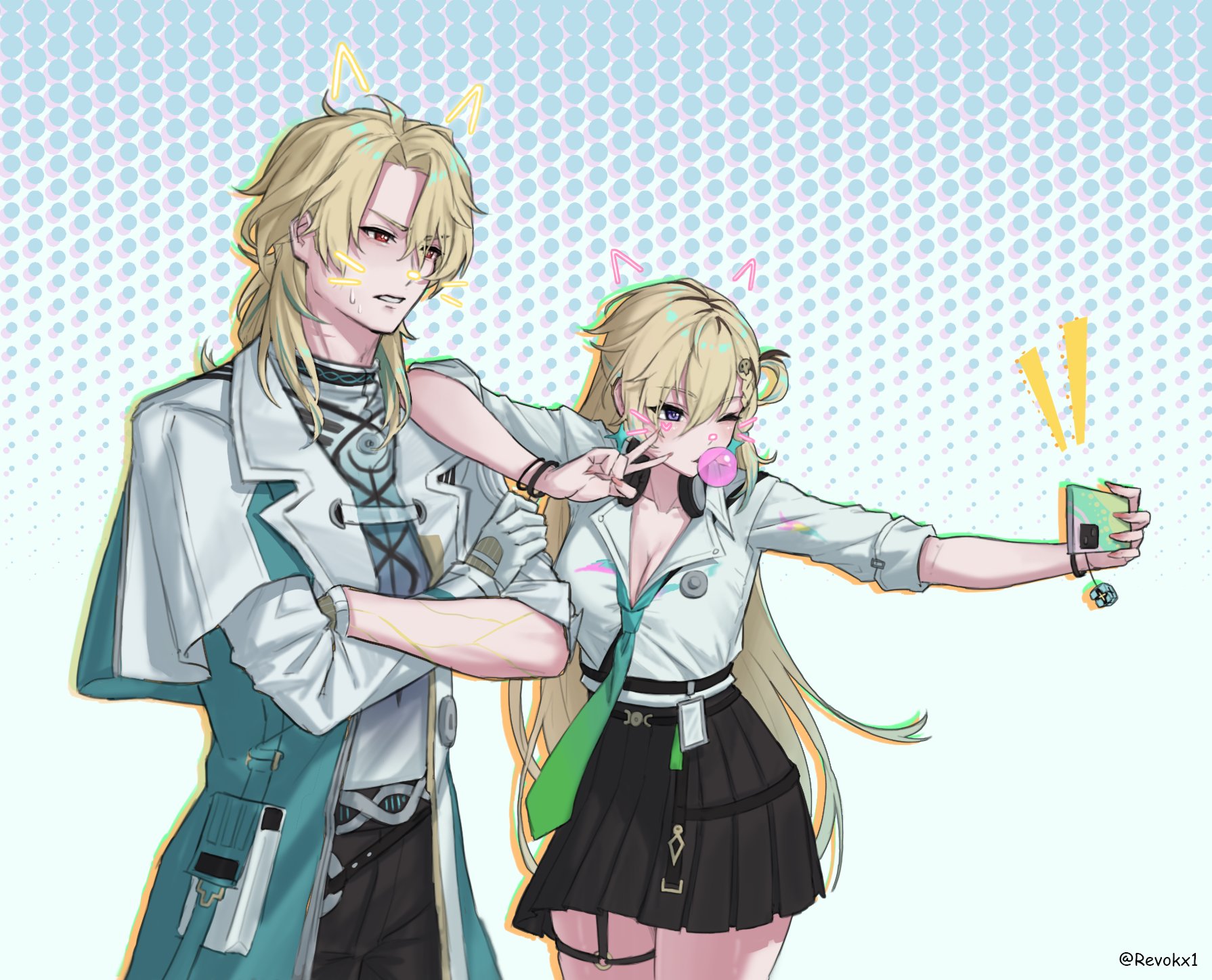 revok, luuk herssen (wuthering waves), lynae (wuthering waves), wuthering waves, commentary, english commentary, highres, 1boy, 1girl, aqua coat, black pants, black skirt, blonde hair, blowing bubble gum, breasts, cellphone, chewing gum, cleavage, coat, crossed arms, fingernails, gloves, hair between eyes, holding, holding phone, medium breasts, multicolored coat, multicolored hair, nail polish, one eye closed, pants, parted lips, phone, pink nails, purple eyes, red eyes, shirt, skirt, sleeve rolled up, smartphone, streaked hair, two-tone coat, v, white coat, white gloves, white shirt