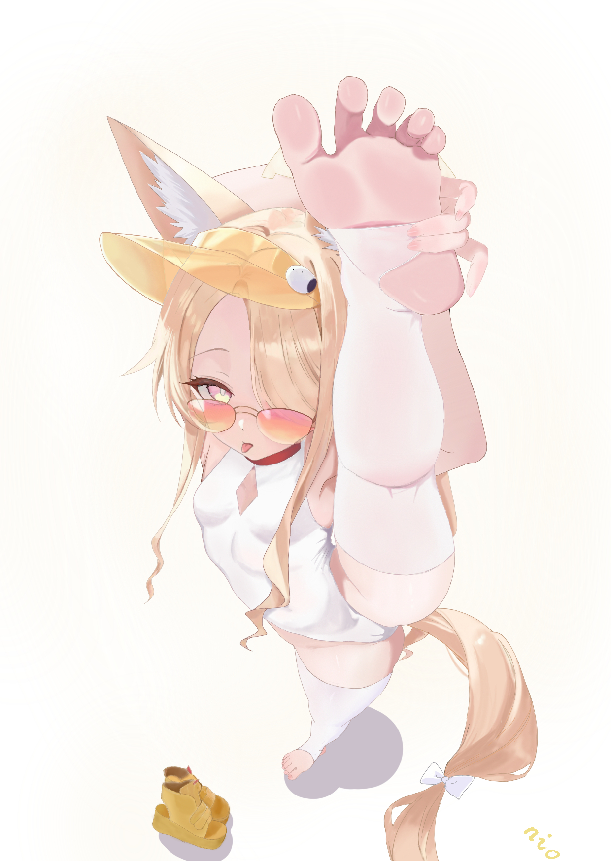 seia (blue archive), seia (swimsuit) (blue archive), blue archive, commentary request, highres, 1girl, animal ear fluff, animal ears, blonde hair, breasts, clothing cutout, covered navel, diamond cutout, feet out of frame, fox ears, fox girl, fox tail, from above, highleg, highleg one-piece swimsuit, long hair, looking at viewer, no halo, official alternate costume, official alternate hairstyle, one-piece swimsuit, orange-tinted eyewear, orange eyes, shoes, side ponytail, simple background, small breasts, soles, solo, sunglasses, swimsuit, tail, thighhighs, tinted eyewear, toeless legwear, tongue, tongue out, unworn shoes, visor cap, weiyan manman no nio, white background, white one-piece swimsuit, white thighhighs, yellow visor