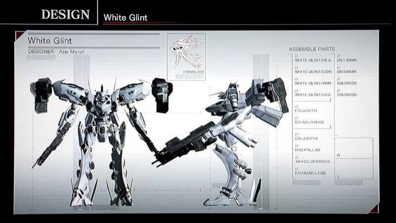 white glint, armored core, armored core: for answer, fromsoftware, assault rifle, dual wielding, emblem, gun, holding, mecha, rifle, robot, rocket launcher, weapon