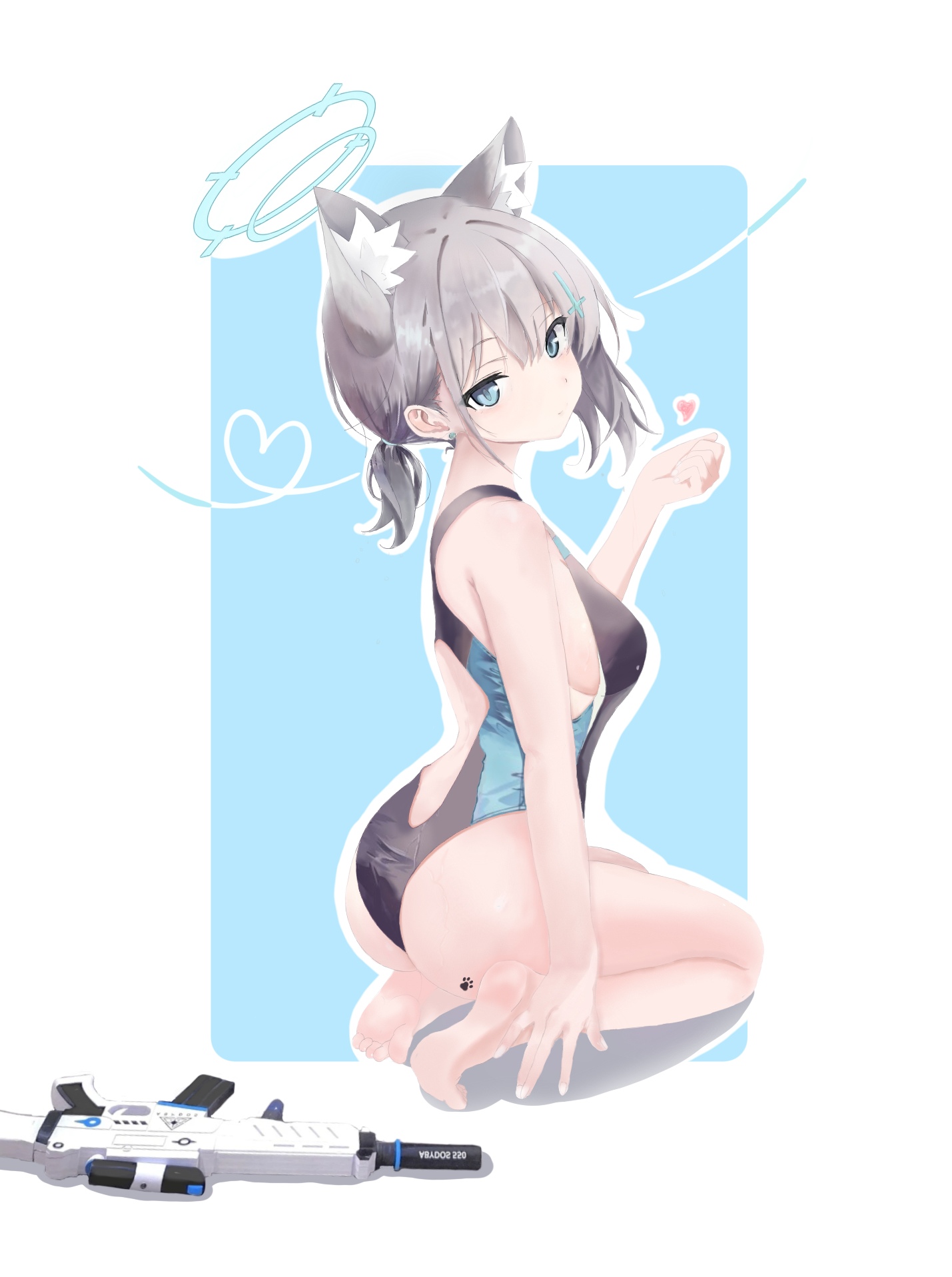 shiroko (blue archive), shiroko (swimsuit) (blue archive), blue archive, sig sauer, commentary request, highres, 1girl, animal ear fluff, animal ears, ass, assault rifle, barefoot, black one-piece swimsuit, blue eyes, breasts, competition swimsuit, cross, cross hair ornament, extra ears, from behind, grey hair, gun, hair ornament, halo, inverted cross, looking at viewer, looking back, low ponytail, medium breasts, medium hair, mismatched pupils, multicolored swimsuit, official alternate costume, one-piece swimsuit, ponytail, rifle, seiza, sig sauer 556, sitting, solo, swimsuit, weapon, weiyan manman no nio, wolf ears