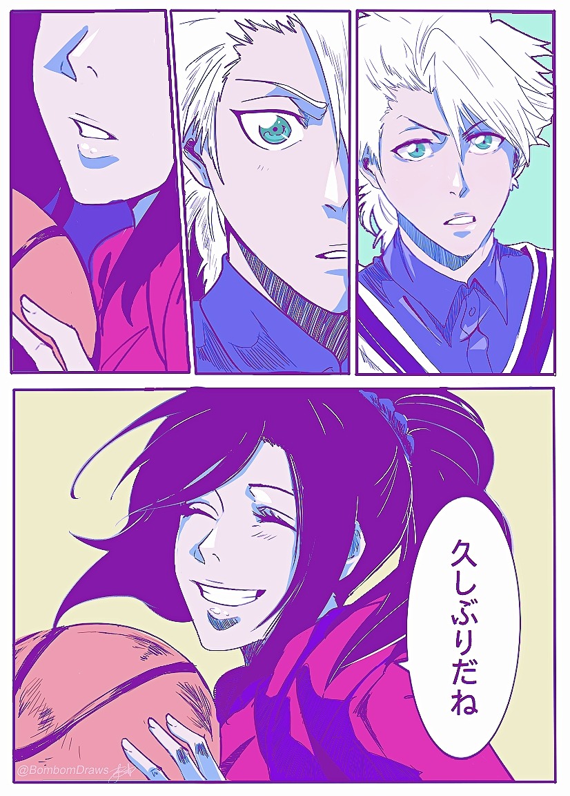 hitsugaya toushirou, kurosaki karin, bleach, bleach: epilogue, commentary, english commentary, translation request, 1boy, 1girl, aqua eyes, ball, basketball (object), blue shirt, bombomdraws, closed eyes, grin, holding, holding ball, ponytail, shirt, signature, smile, twitter username, white hair