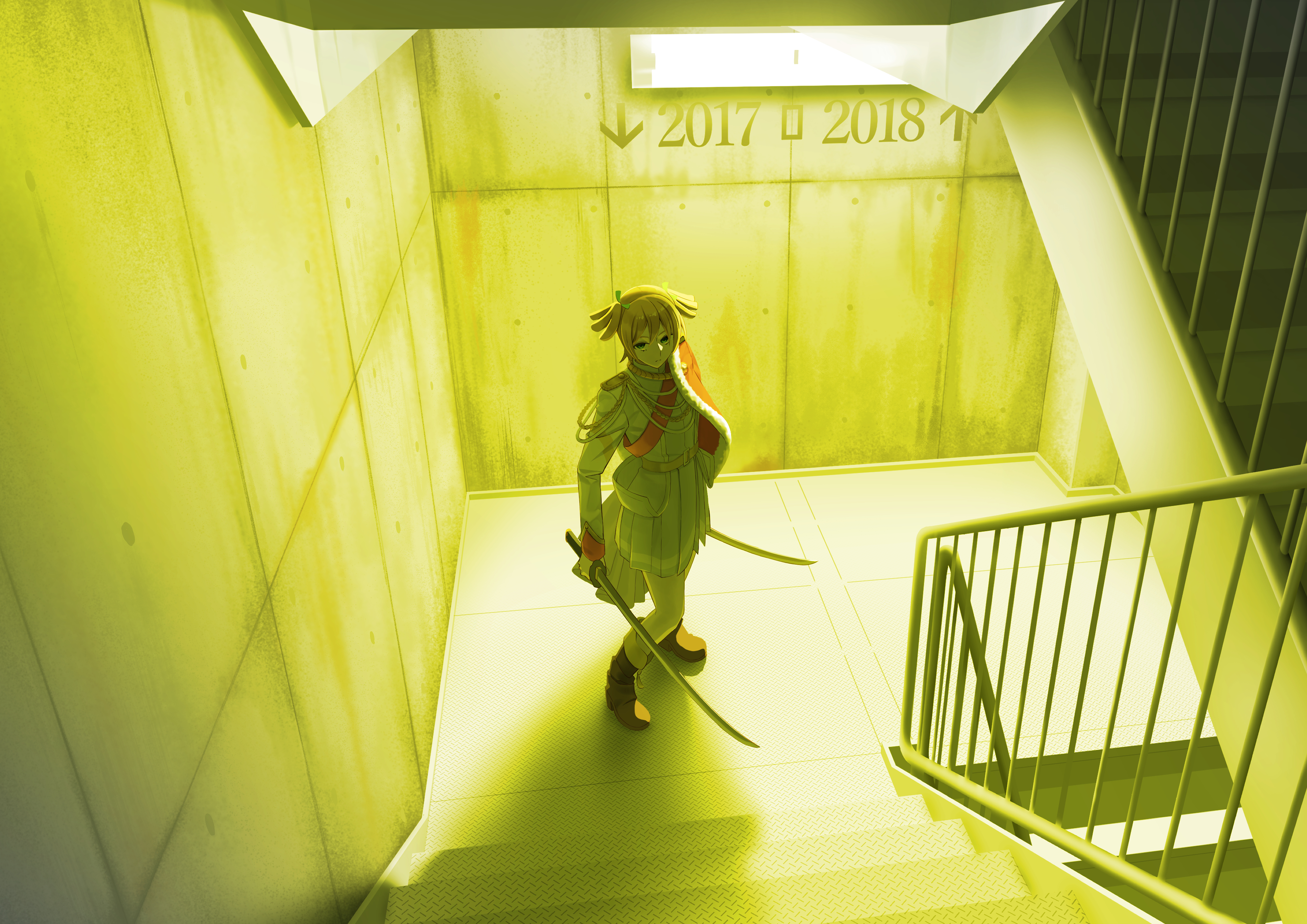 idobata, daiba nana, shoujo kageki revue starlight, absurdres, commentary request, highres, 1girl, 2017, 2018, aiguillette, arms at sides, backlighting, belt, belt buckle, blonde hair, boots, brown boots, buckle, closed mouth, dual wielding, full body, fur-trimmed jacket, fur trim, green eyes, green ribbon, grey skirt, hair ribbon, holding, holding sword, holding weapon, indoors, jacket, jacket on shoulders, katana, long sleeves, looking at viewer, miniskirt, pleated skirt, railing, red sash, ribbon, sash, shade, shadow, short hair, short twintails, shoulder sash, single horizontal stripe, skirt, solo, stairs, stairwell, standing, striped clothes, striped skirt, sword, tassel, twintails, waist cape, weapon, white jacket, yellow belt