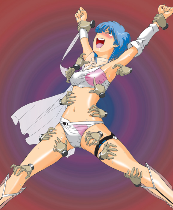 tickleague, yume aoi, wingman, multiple hands, 1980s (style), blue hair, blush, disembodied hand, grabber tool, midriff, oldschool, retro artstyle, short hair, tears, tickle torture, tickling