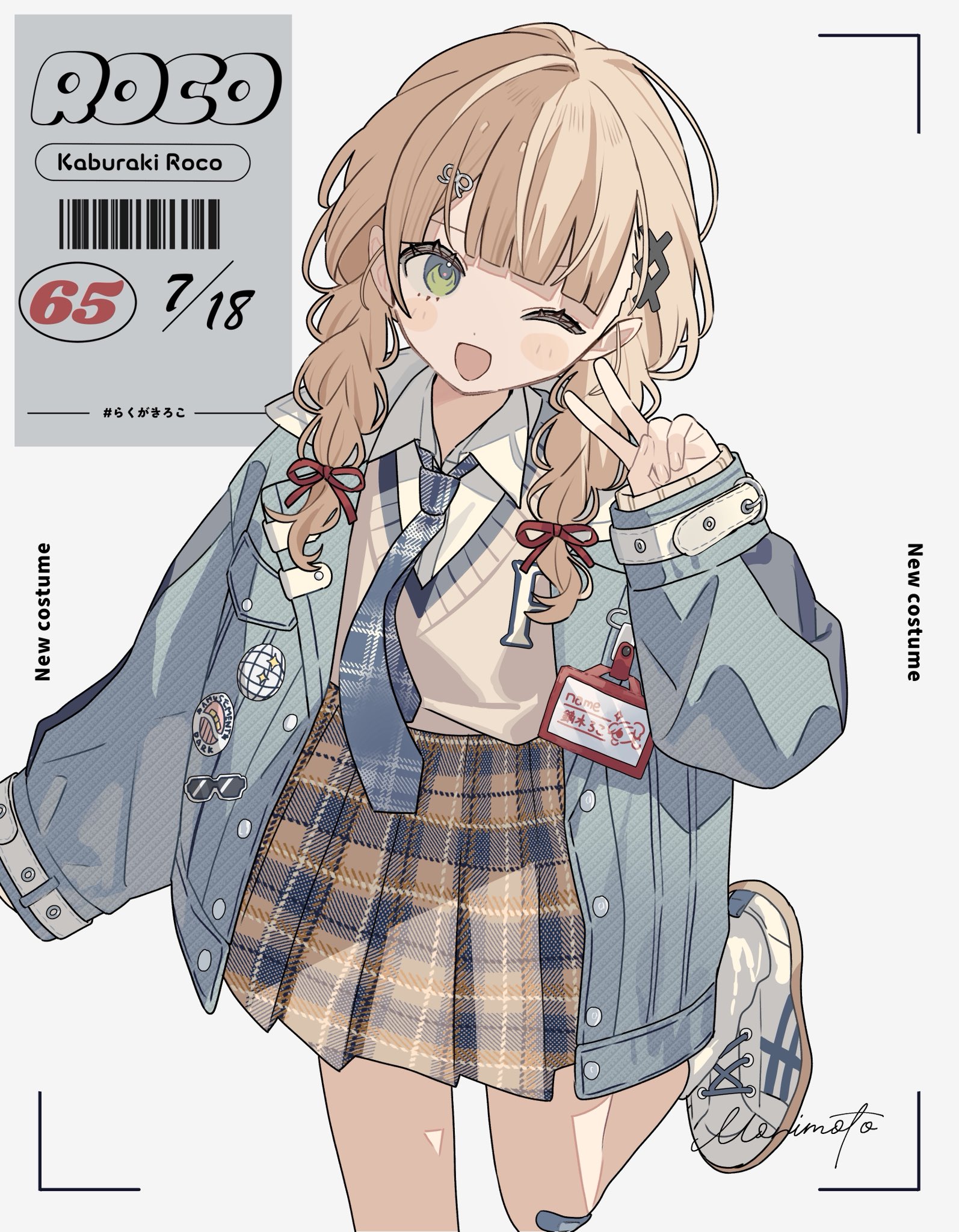 moo n moko, kaburaki roco, nijisanji, hashtag-only commentary, highres, 1girl, ;d, barcode, blonde hair, blue jacket, blue necktie, blunt bangs, blush stickers, braid, brown skirt, brown sweater, character name, collared shirt, cowboy shot, dot nose, green eyes, hair ornament, hair ribbon, hand up, jacket, long hair, long sleeves, looking at viewer, necktie, one eye closed, open clothes, open jacket, open mouth, plaid clothes, plaid necktie, plaid skirt, pleated skirt, red ribbon, ribbon, shirt, shoes, signature, simple background, skirt, smile, sneakers, socks, solo, sweater, twin braids, v, virtual youtuber, white background, white shirt, white shoes, white socks, x hair ornament