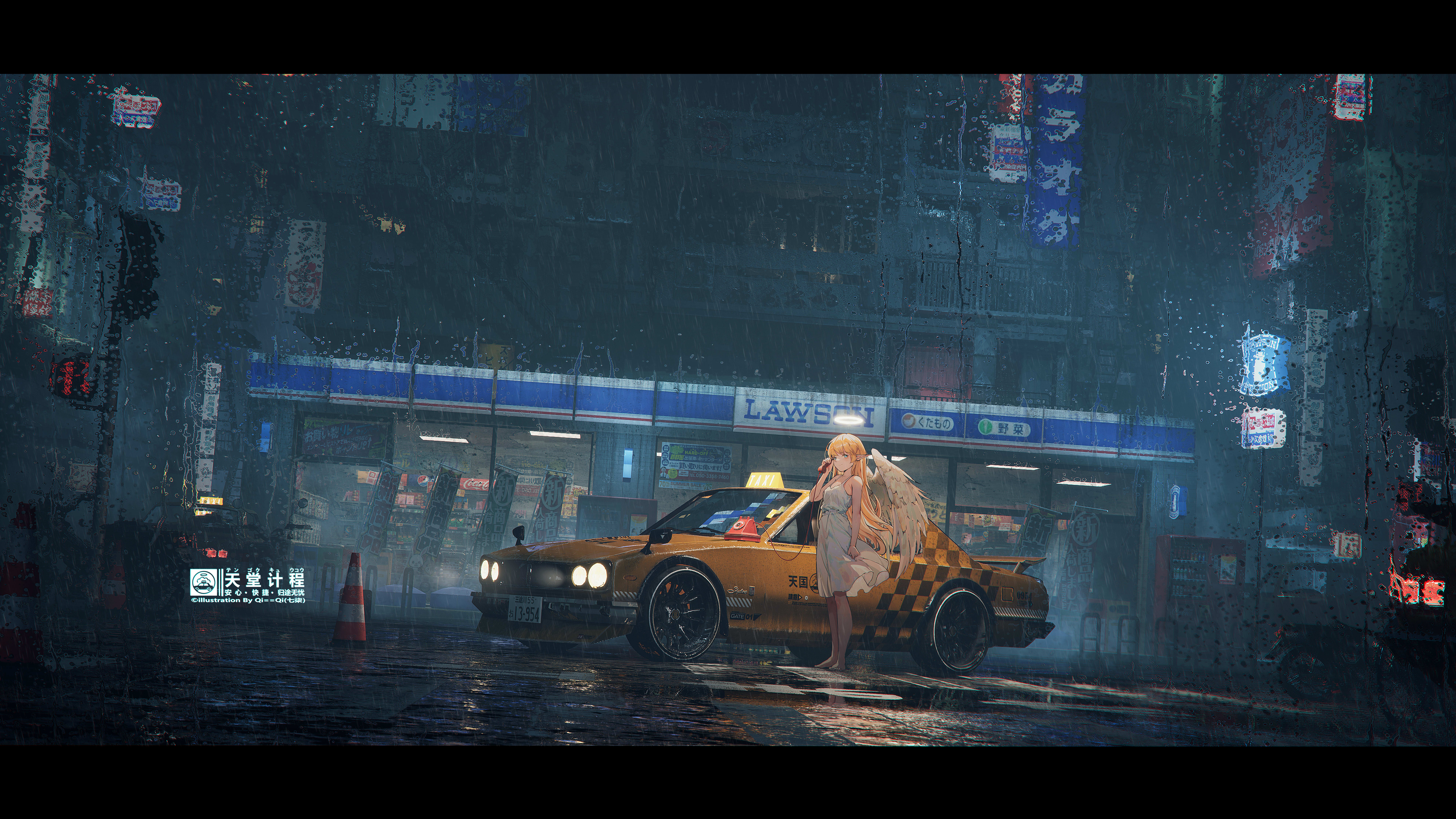 qi==qi, coca-cola, lawson, nissan, original, pepsi, absurdres, commentary request, highres, 1girl, 3d background, angel, barefoot, blonde hair, building, car, city, cityscape, convenience store, corded phone, crosswalk, dress, feathered wings, halo, holding, holding phone, letterboxed, long hair, motor vehicle, motorcycle, night, nissan skyline, nissan skyline c10, outdoors, phone, pointy ears, reflection, road, scenery, shop, sleeveless, sleeveless dress, solo, spoiler (automobile), standing, taxi, traditional halo, traffic cone, white dress, white wings, wide shot, wings, yellow car