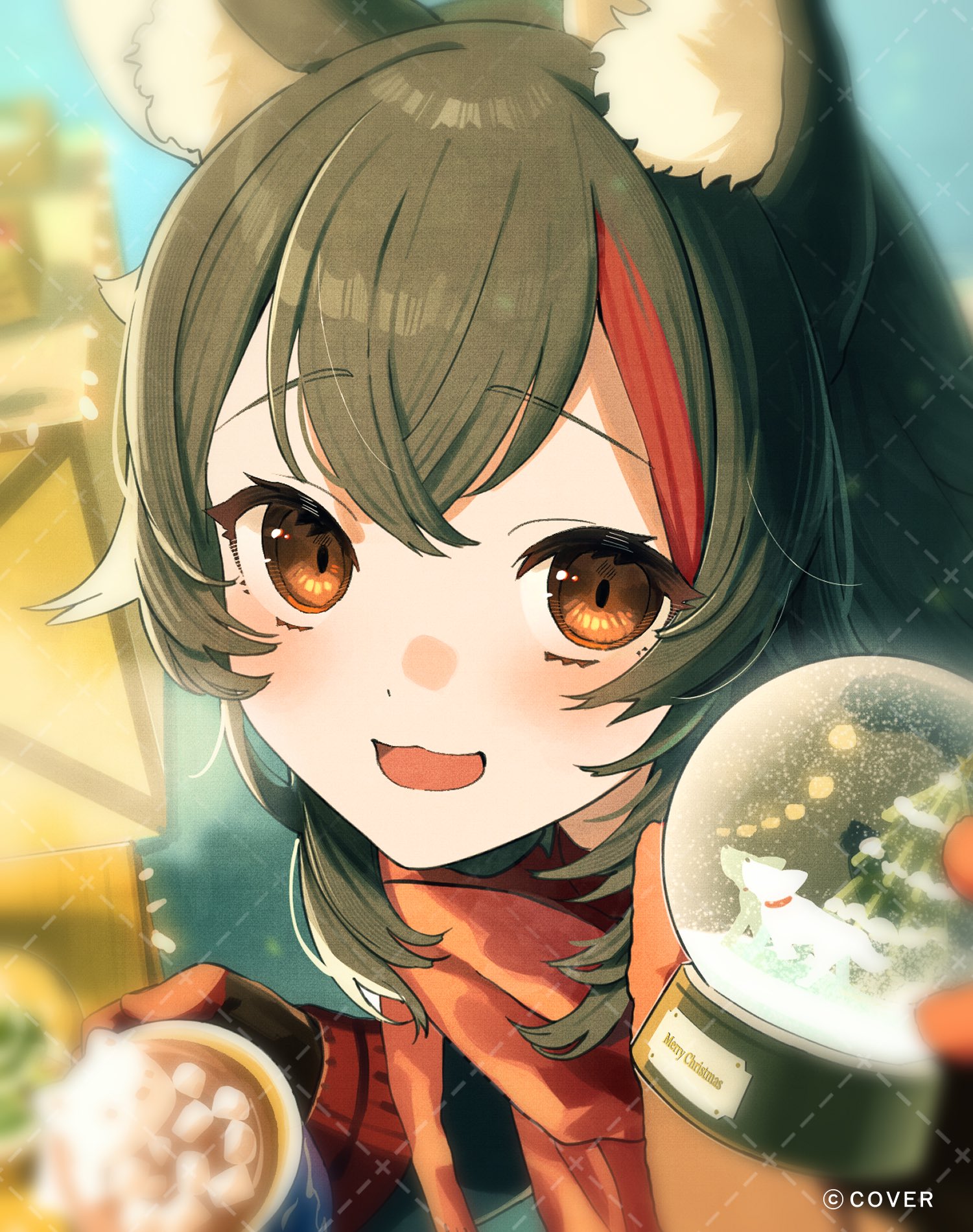 takaya riku, ookami mio, hololive, commentary request, highres, official art, 1girl, :3, :d, animal ear fluff, animal ears, black hair, blush, brown eyes, copyright notice, cup, double-parted bangs, gloves, holding, holding cup, long hair, looking at viewer, multicolored hair, open mouth, portrait, red gloves, red hair, red scarf, scarf, smile, solo, streaked hair, two-tone hair, virtual youtuber, watermark, watermark grid, wolf ears, wolf girl