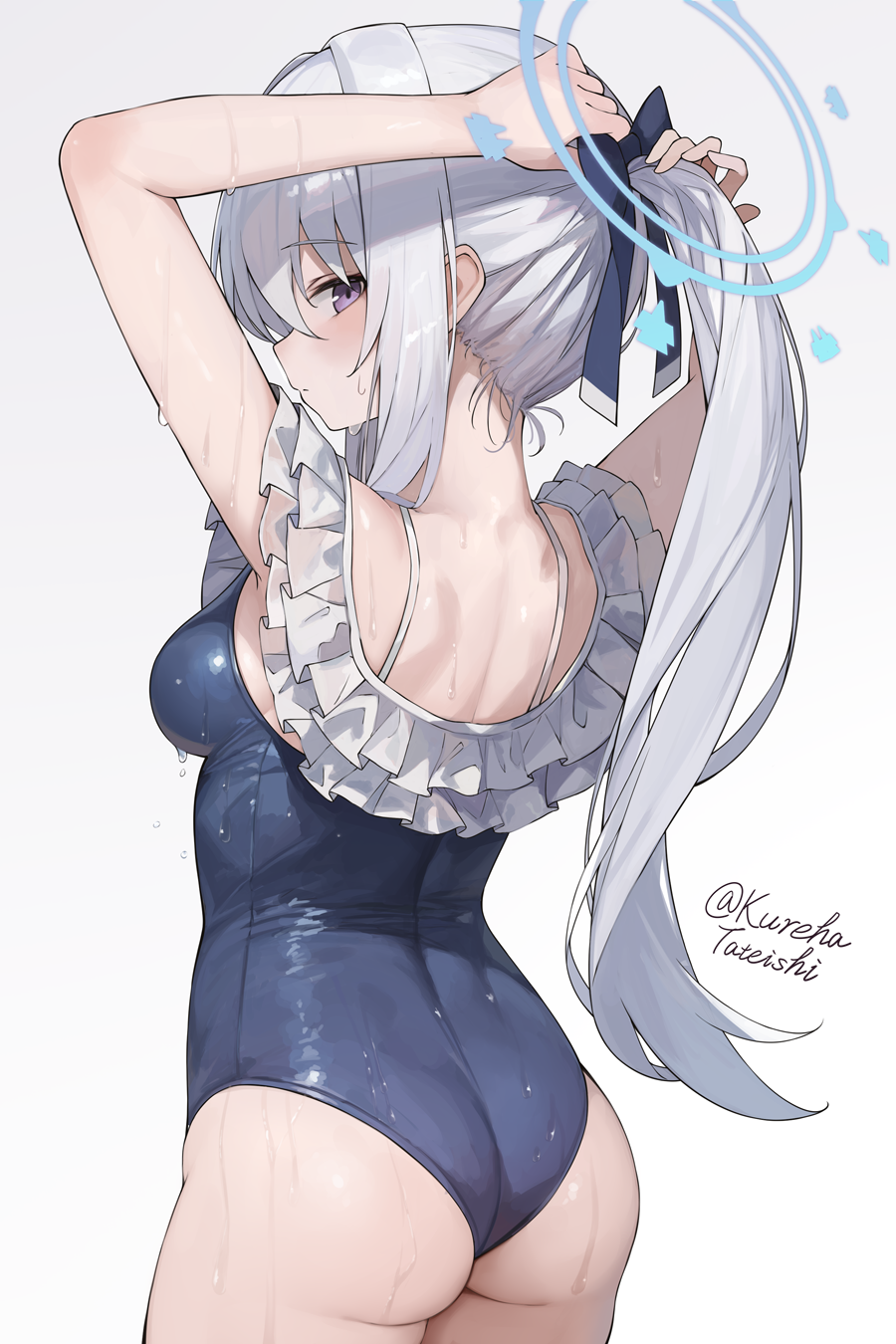 tateishi kureha, miyako (blue archive), miyako (swimsuit) (blue archive), blue archive, commentary request, highres, 1girl, ass, blue bow, blue halo, blue one-piece swimsuit, bow, breasts, frilled one-piece swimsuit, frills, hair bow, halo, long hair, looking at viewer, looking back, medium breasts, official alternate costume, one-piece swimsuit, ponytail, purple eyes, sideboob, solo, swimsuit, twitter username, tying hair, wet, wet clothes, wet swimsuit, white hair