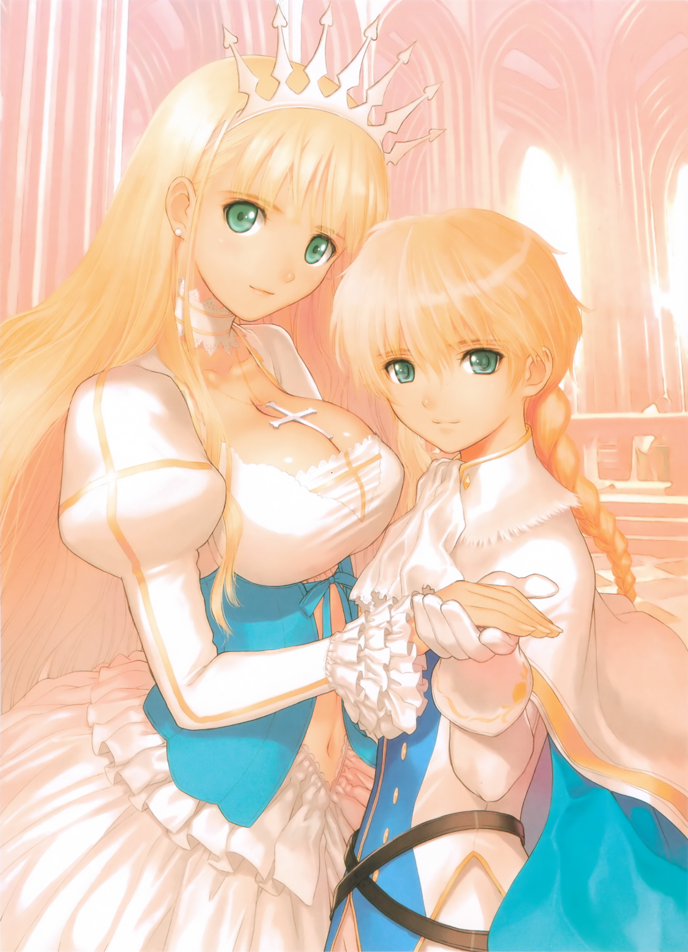 tony taka, caris philias, clalaclan philias, sega, shining (series), shining tears x wind, shining wind, absurdres, highres, long image, official art, scan, tall image, 00s, 1boy, 1girl, ascot, belt, blonde hair, braid, breasts, brother and sister, cape, castle, center opening, choker, cleavage, collarbone, cross, crown, dress, earrings, fingernails, foreshortening, formal clothes, frilled dress, frills, gloves, gown, green eyes, hair between eyes, head tilt, hetero, holding hands, indoors, jewelry, juliet sleeves, large breasts, long hair, long sleeves, looking at viewer, midriff, navel, necklace, petite, prince, princess, puffy sleeves, shiny skin, siblings, single braid, smile, standing, very long hair, white dress, white gloves