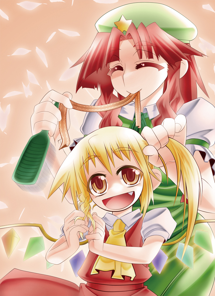 miyamoto takashi, flandre scarlet, hong meiling, embodiment of scarlet devil, touhou, 2girls, blonde hair, fang, female focus, hair brush, hat, long hair, mouth hold, multiple girls, ponytail, red eyes, ribbon, short hair, side ponytail, wings