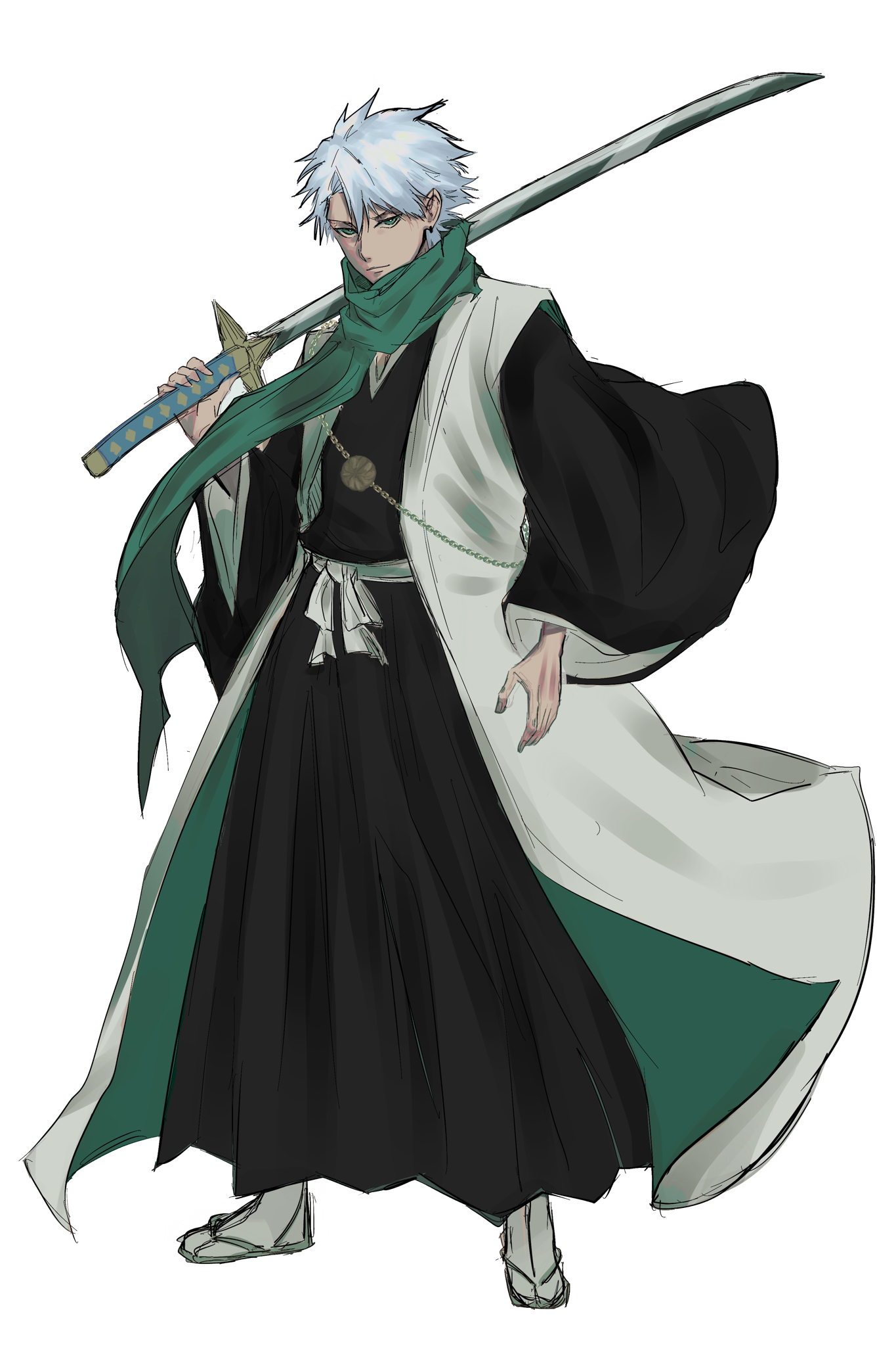 hitsugaya toushirou, bleach, bleach: sennen kessen-hen, commentary, english commentary, highres, 1boy, almightybuttcheeks, full body, green eyes, green scarf, haori, holding, holding sword, holding weapon, japanese clothes, male focus, sandals, scarf, shihakusho, socks, solo, sword, taichou haori, weapon, white hair, white socks