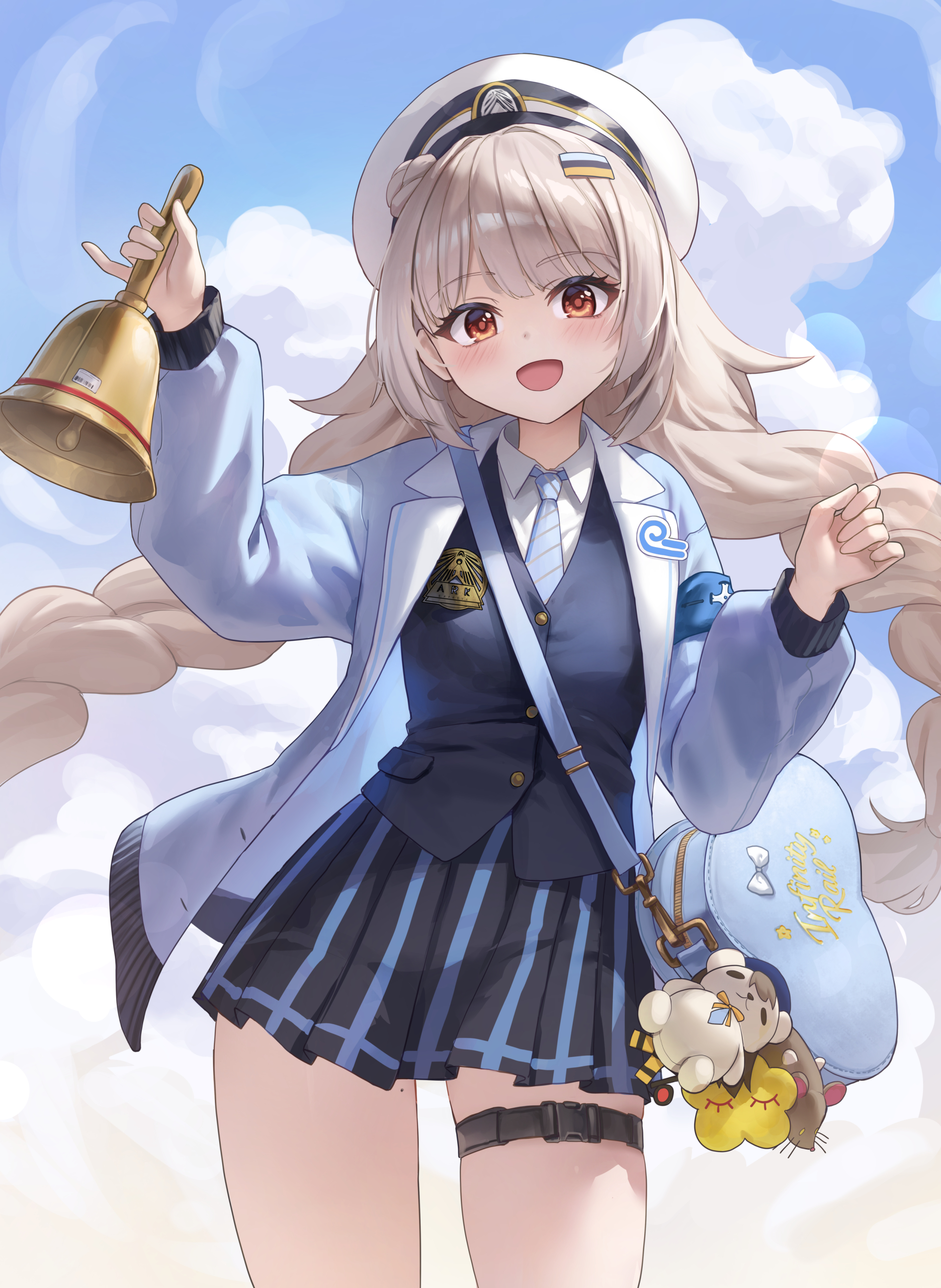 phusit, soline (frost ticket) (nikke), soline (nikke), goddess of victory: nikke, absurdres, commentary request, highres, backpack, bag, bell, blue sky, breasts, hat, leg ribbon, long hair, looking at viewer, open clothes, open shirt, ribbon, sky, small breasts, smile, white hat