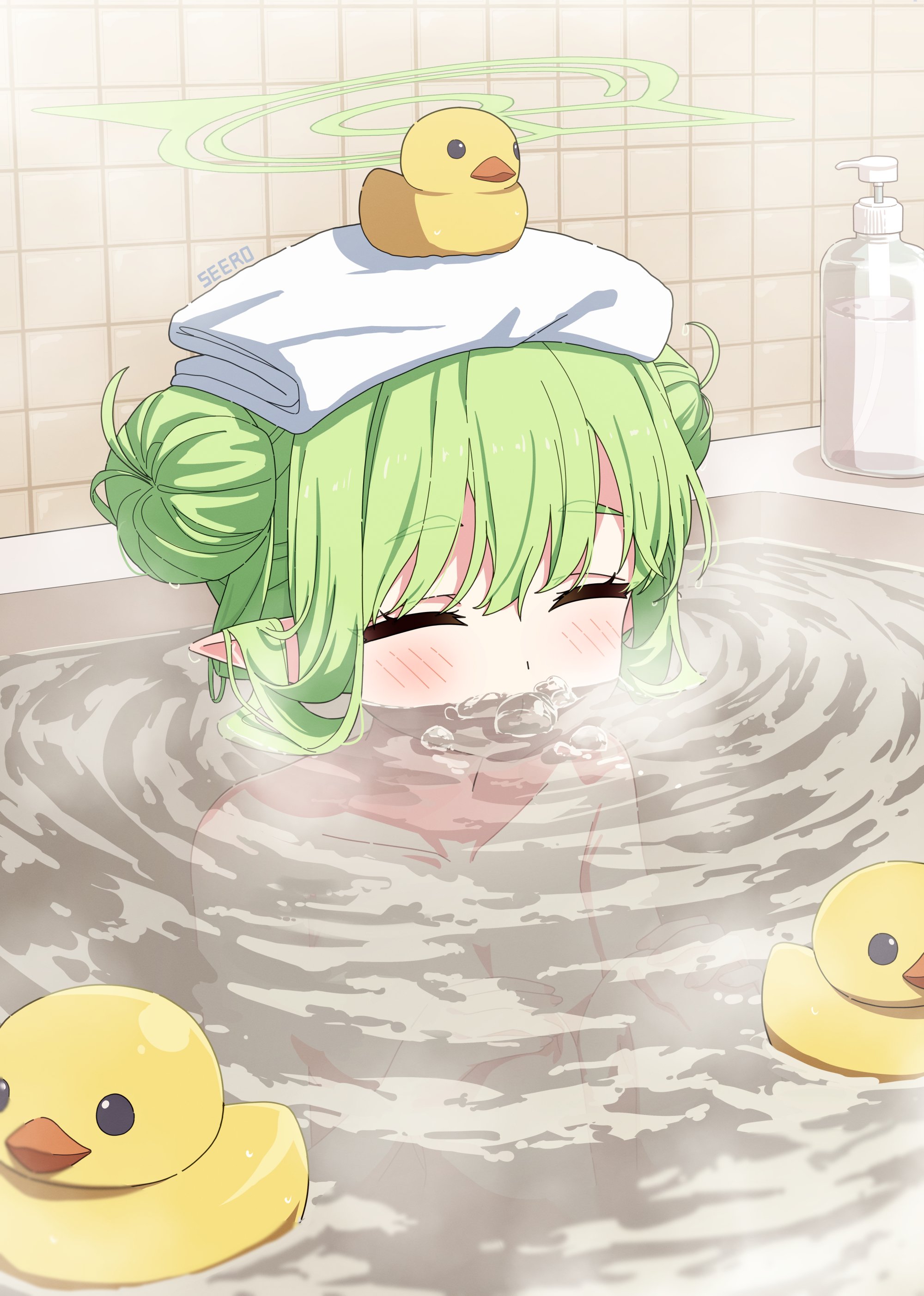 seero, hikari (blue archive), blue archive, absurdres, commentary request, highres, korean commentary, 1girl, = =, alternate hairstyle, artist name, bathing, bathroom, bathtub, blowing bubbles, blush, breasts, closed eyes, double bun, green hair, green halo, hair bun, halo, mouth submerged, nude, partially submerged, pointy ears, rubber duck, small breasts, soap bottle, solo, steam, tile wall, tiles, towel, towel on head, water