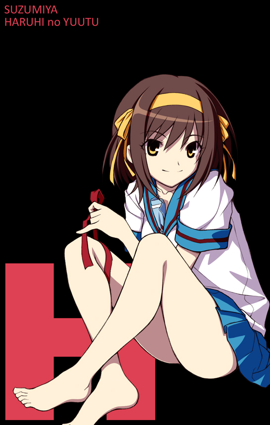 michi, suzumiya haruhi, suzumiya haruhi no yuuutsu, 00s, 1girl, barefoot, brown hair, feet, female focus, hair ribbon, ribbon, romaji text, school uniform, serafuku, short hair, smile, solo, yellow eyes