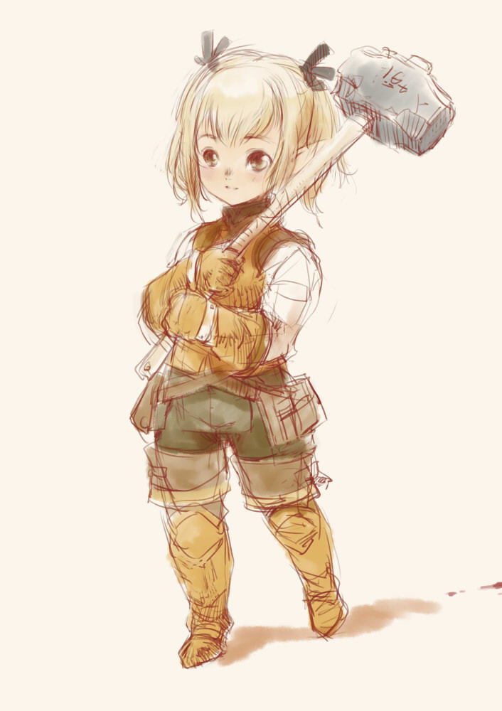 branch (blackrabbits), warrior of light (ff14), final fantasy, final fantasy xiv, square enix, bad id, bad pixiv id, 10s, 1girl, blonde hair, blush, child, female focus, gloves, hammer, lalafell, pointy ears, sketch, solo