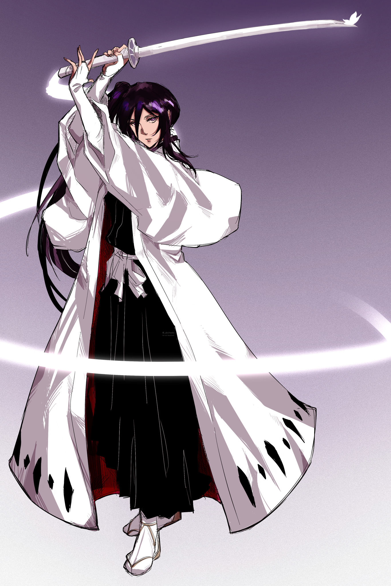 kuchiki rukia, bleach, bleach: epilogue, commentary, english commentary, highres, 1girl, almightybuttcheeks, bridal gauntlets, film grain, full body, haori, holding, holding sword, holding weapon, japanese clothes, long hair, purple eyes, purple hair, sandals, shihakusho, shikai, side ponytail, socks, sode no shirayuki (shikai), solo, sword, taichou haori, weapon, white bridal gauntlets, white socks