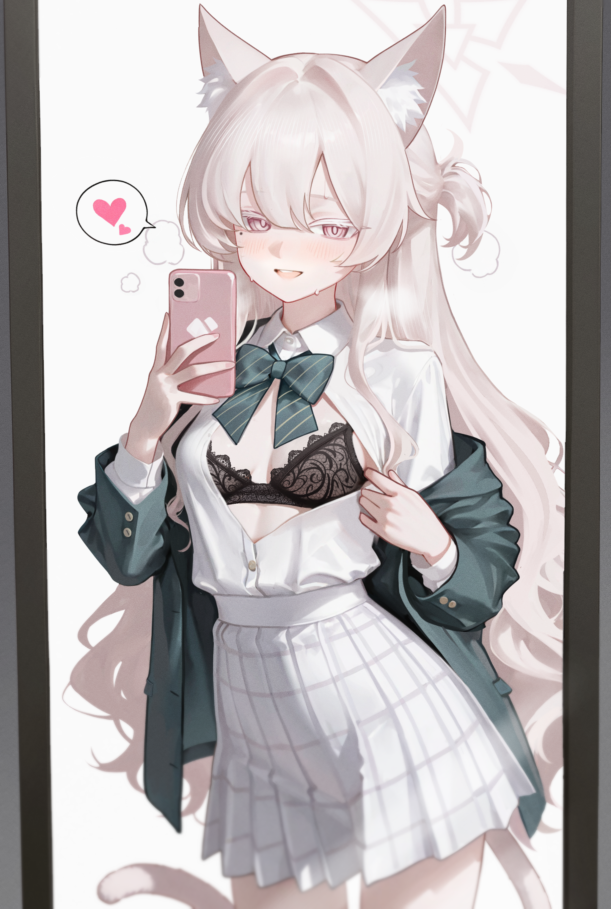 mellow (srpp4843), akira (blue archive), blue archive, absurdres, commentary, highres, symbol-only commentary, 1girl, animal ears, blush, bra, breasts, fox ears, halo, heart, jacket, looking at viewer, open clothes, open jacket, phone, school uniform, skirt, smile, underwear