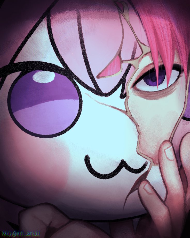 nijigen blueshy, doro (nikke), dorothy (nikke), goddess of victory: nikke, hashtag-only commentary, 1girl, :3, bags under eyes, broken mask, cracked kawaii mask, cracked mask, empty eyes, looking at viewer, mask, mismatched eyes, pink hair, portrait, purple eyes, solo