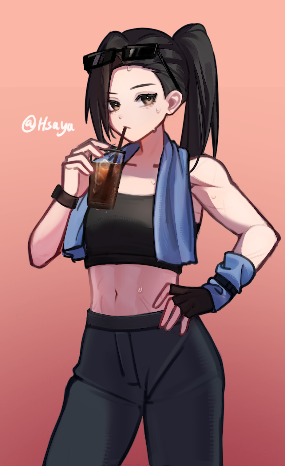 hsaya, original, highres, 1girl, black gloves, breasts, cup, eyewear on head, gloves, holding, holding cup, looking at viewer, simple background, stomach, sunglasses, sweat, towel