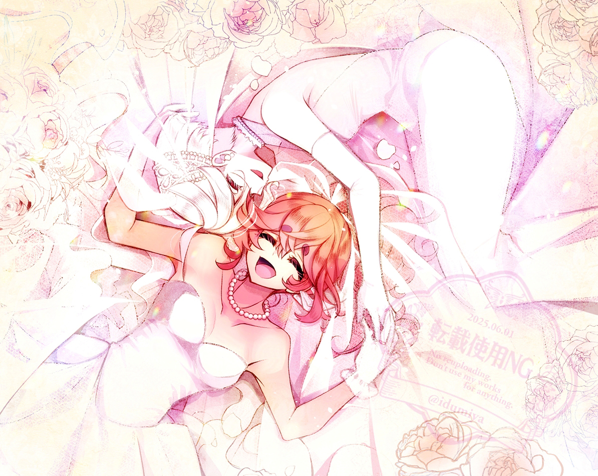 izumiya otoha, miorine rembran, suletta mercury, gundam, gundam suisei no majo, commentary, commentary request, english commentary, mixed-language commentary, 2girls, ^ ^, breasts, bridal veil, closed eyes, couple, dress, elbow gloves, gloves, hair spread out, happy, holding hands, jewelry, long hair, lying, multiple girls, necklace, on back, on side, open mouth, parted lips, pearl necklace, red hair, ring, short eyebrows, smile, strapless, strapless dress, veil, watermark, wedding, wedding dress, white dress, white gloves, white hair, yuri