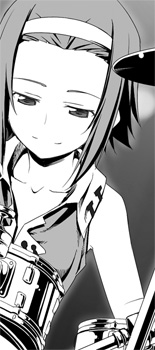 himura kiseki, tainaka ritsu, k-on!, lowres, 00s, 1girl, female focus, greyscale, hairband, monochrome, solo