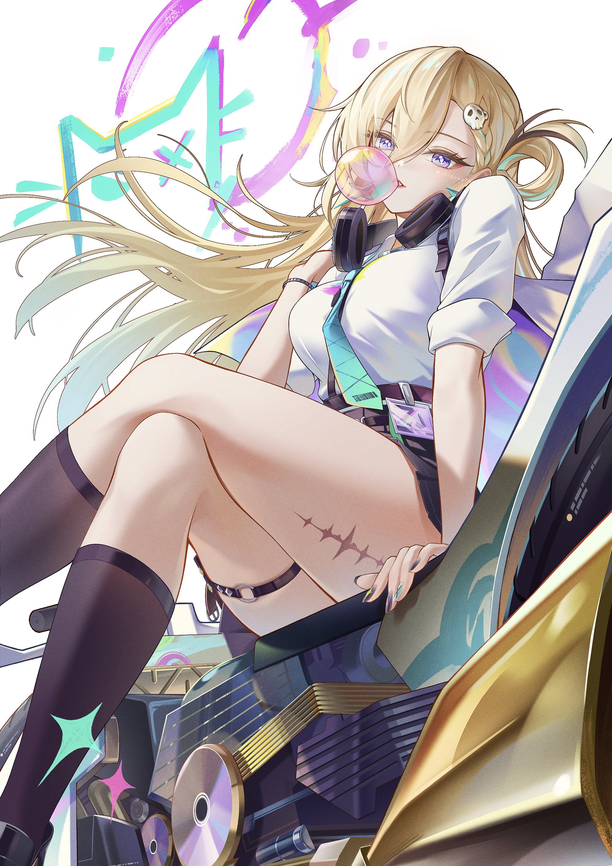 chigusa7h, lynae (wuthering waves), wuthering waves, absurdres, commentary request, highres, 1girl, aqua necktie, black socks, blonde hair, blowing bubble gum, braid, braided bangs, breasts, chewing gum, crossed legs, hair between eyes, hair ornament, headphones, headphones around neck, id card, large breasts, long hair, looking at viewer, necktie, o-ring, o-ring thigh strap, purple eyes, shirt, shirt tucked in, skull hair ornament, socks, solo, tacet mark (wuthering waves), thigh strap, thighs, very long hair, white shirt